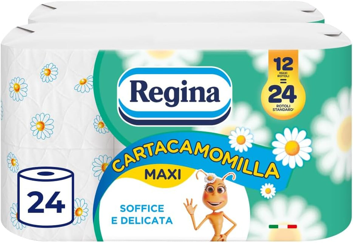 Regina Cartacamomilla - 8 rolek papieru toaletowego, 300 puszystych arkuszy, 3 warstwy, miękkie i mocne, opakowanie papierowe nadające się do recyklingu