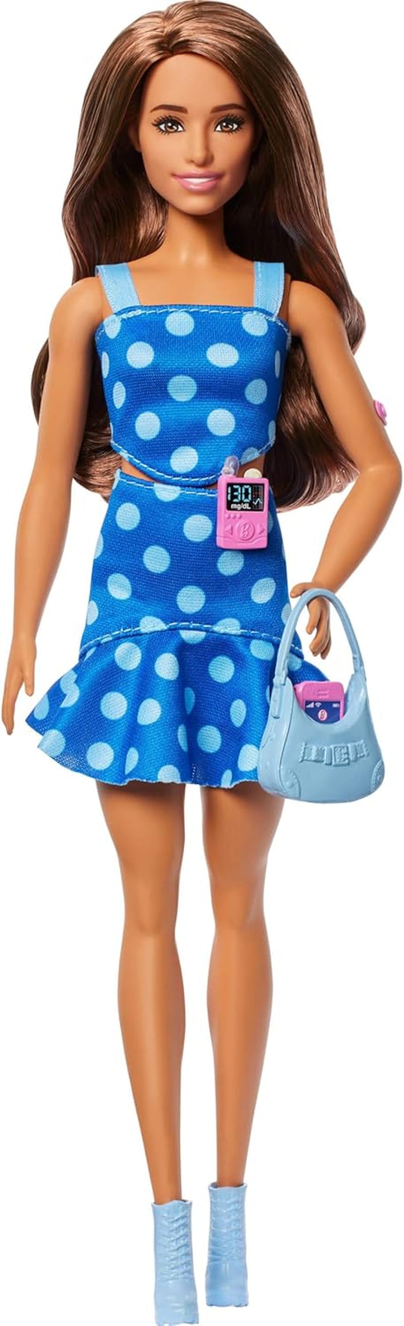 Lalka Barbie Fashionistas nr 242 z cukrzycą typu 1 oraz strojem i akcesoriami w kropki we współpracy z Breakthrough T1D, HYT97