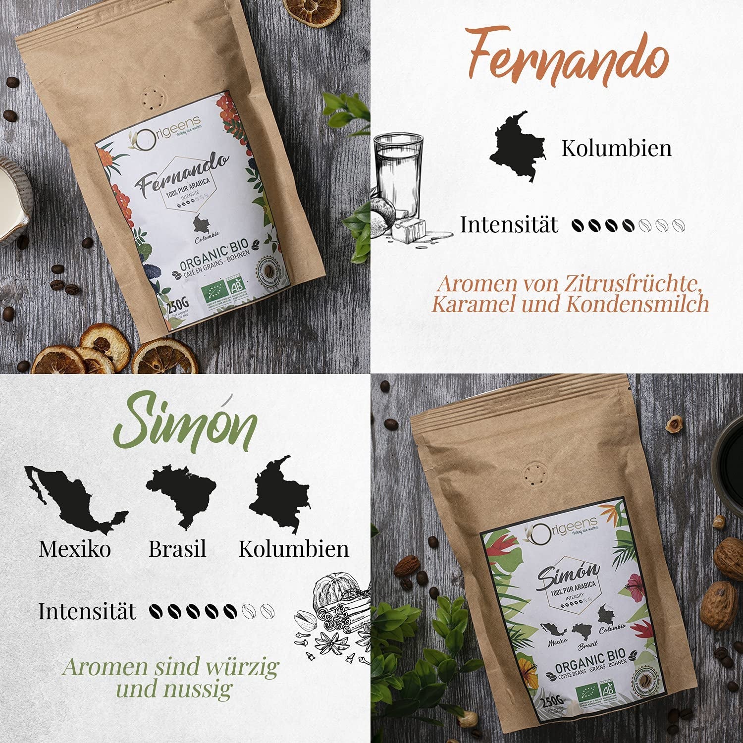 ORIGEENS Bio Kaffeebohnen Probierset 1kg | Zestaw Premium Bio Arabica Kaffee Ganze Bohnen 4x250g | Tradycyjny Röstung | Kaffee Geschenkset