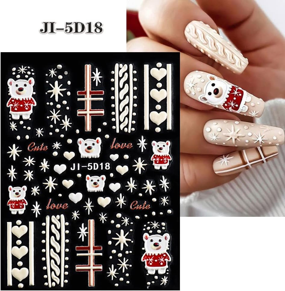 5 Blatt 3D Nagelsticker Weihnachten Nagelaufkleber 5D Stereoskopisch Selbstklebend Schneeflocke-Weihnachtswinterurlaub Nail Art Naklejka Dekoration Nageldesign Zubehör