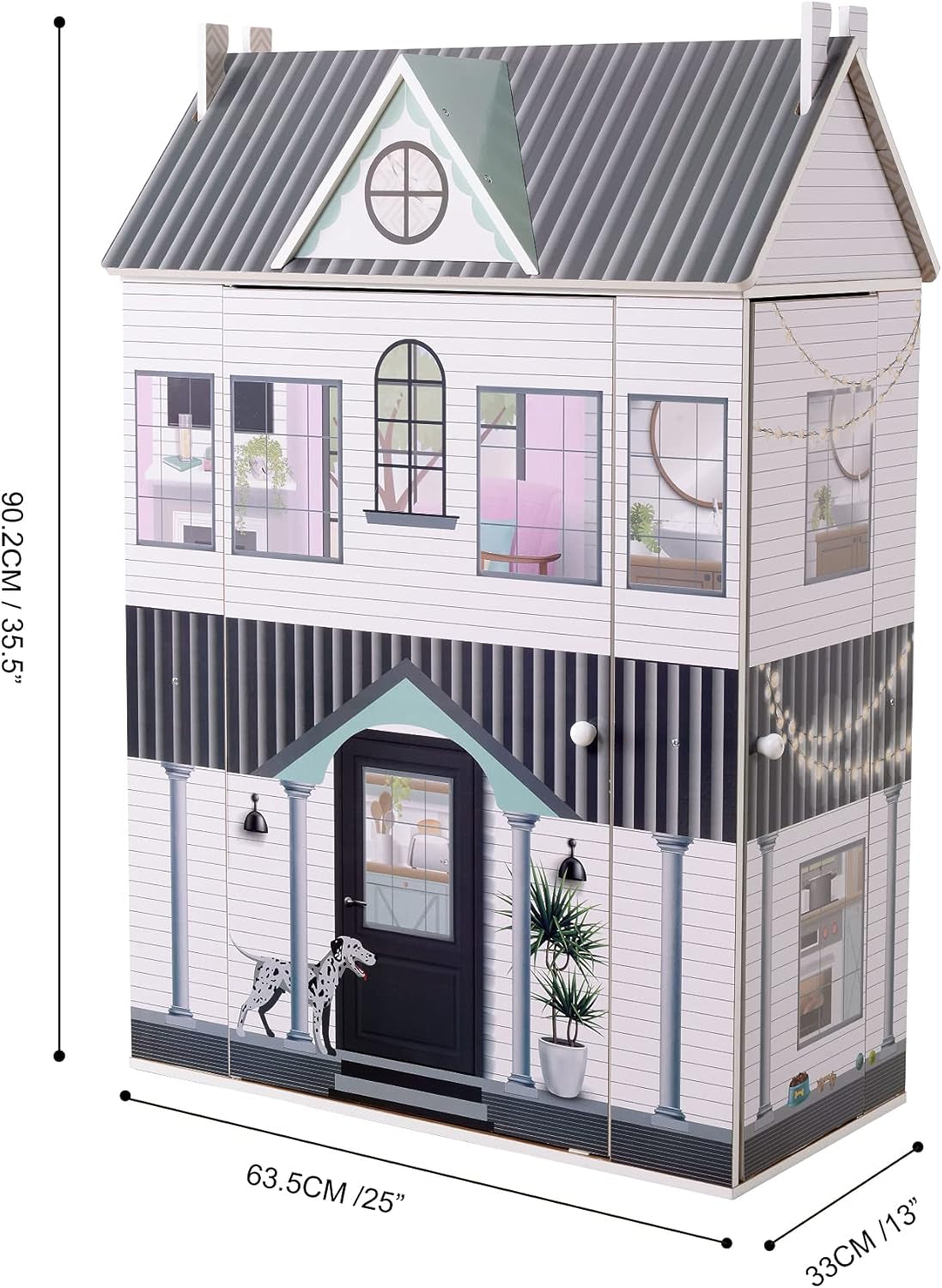 Mały świat Olivii Dreamland Farmhouse Kids Interaktywny drewniany domek dla lalek 3 piętra z 13 akcesoriami meblowymi dla lalek Biały TD-13632A Domki dla lalek Naty Shop