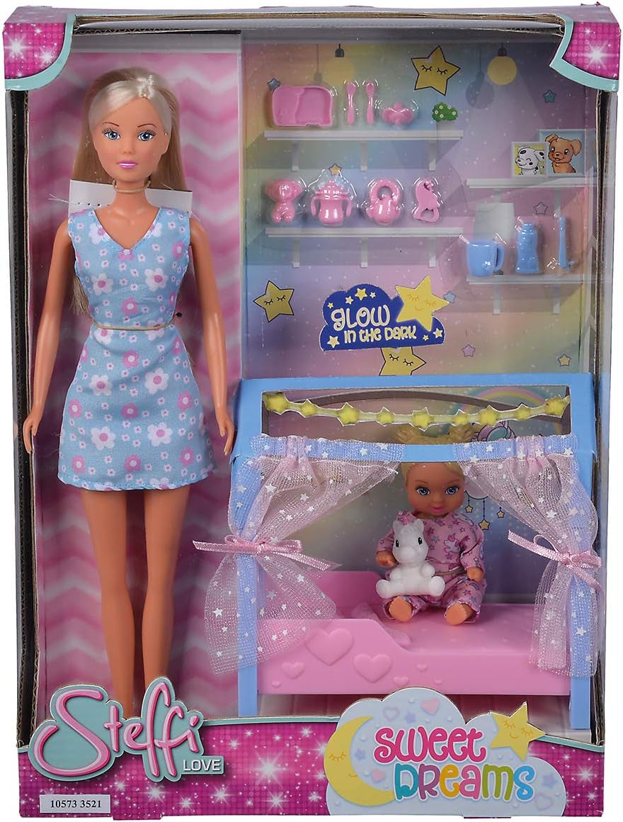 Simba Steffi Love Sweet Dreams / Urocza laleczka bobas i łóżeczko / z funkcją świecenia w ciemności / 12 sztuk / 29cm / Dla dzieci od 3 lat