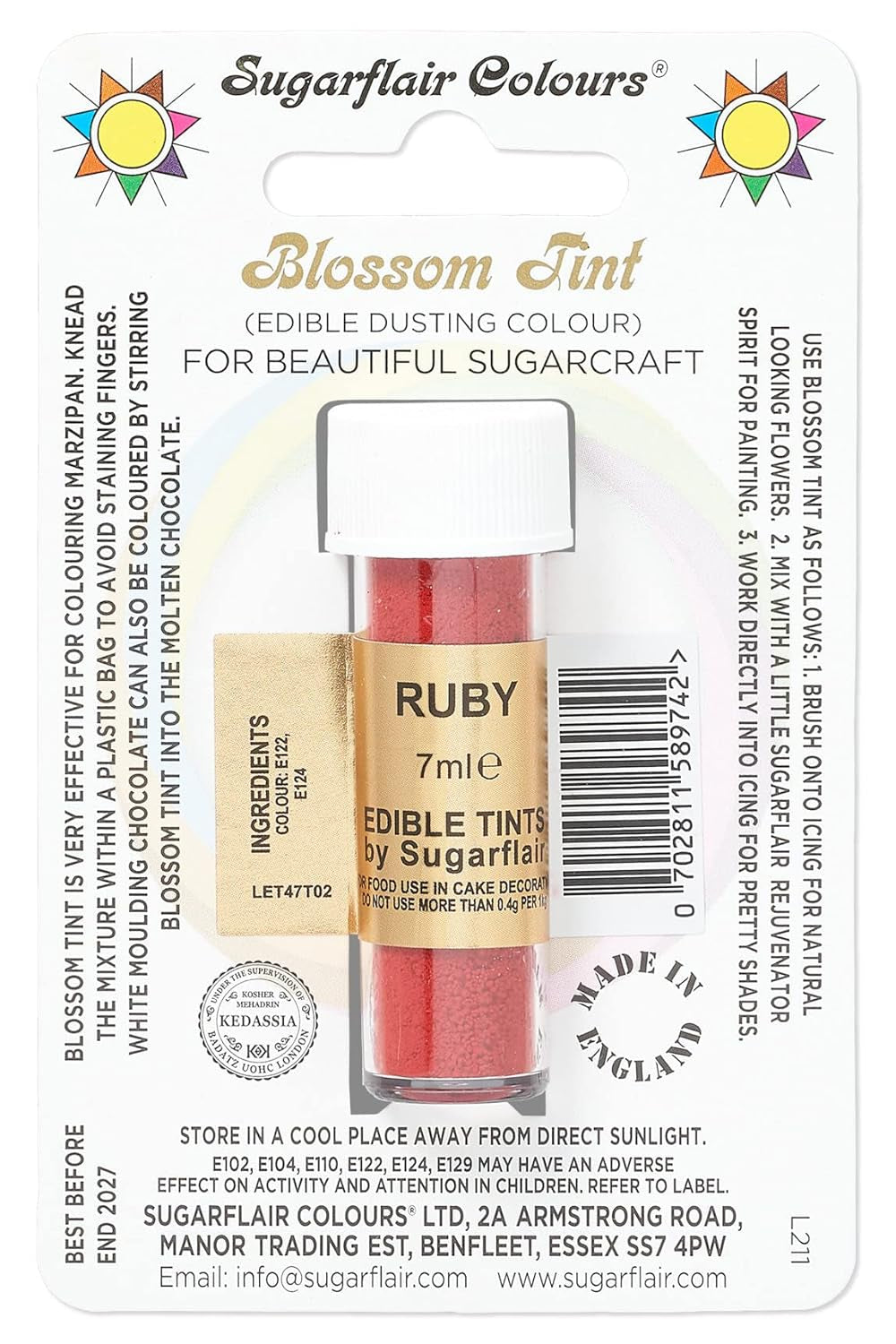 Barwnik spożywczy w proszku Sugarflair Blossom Tint Dusting Ruby - Barwnik spożywczy w proszku do dekorowania kolorowej pasty cukrowej, fondantu, lukru, czekolady, kremu maślanego, makaroników - 7 ml