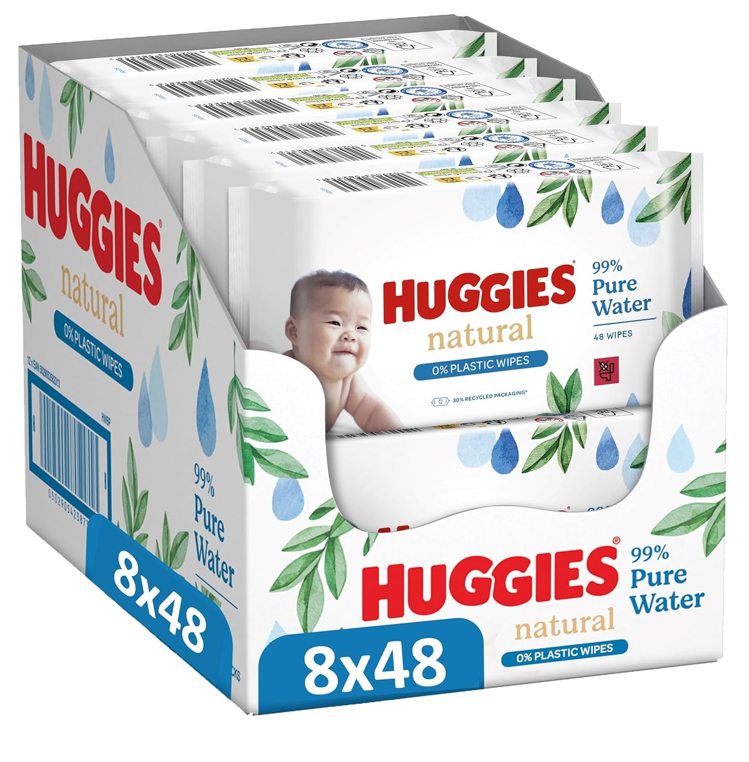 Huggies Biodegradowalne, naturalne chusteczki nawilżane dla wrażliwych dzieci, 8 x 48 chusteczek, opakowanie zbiorcze