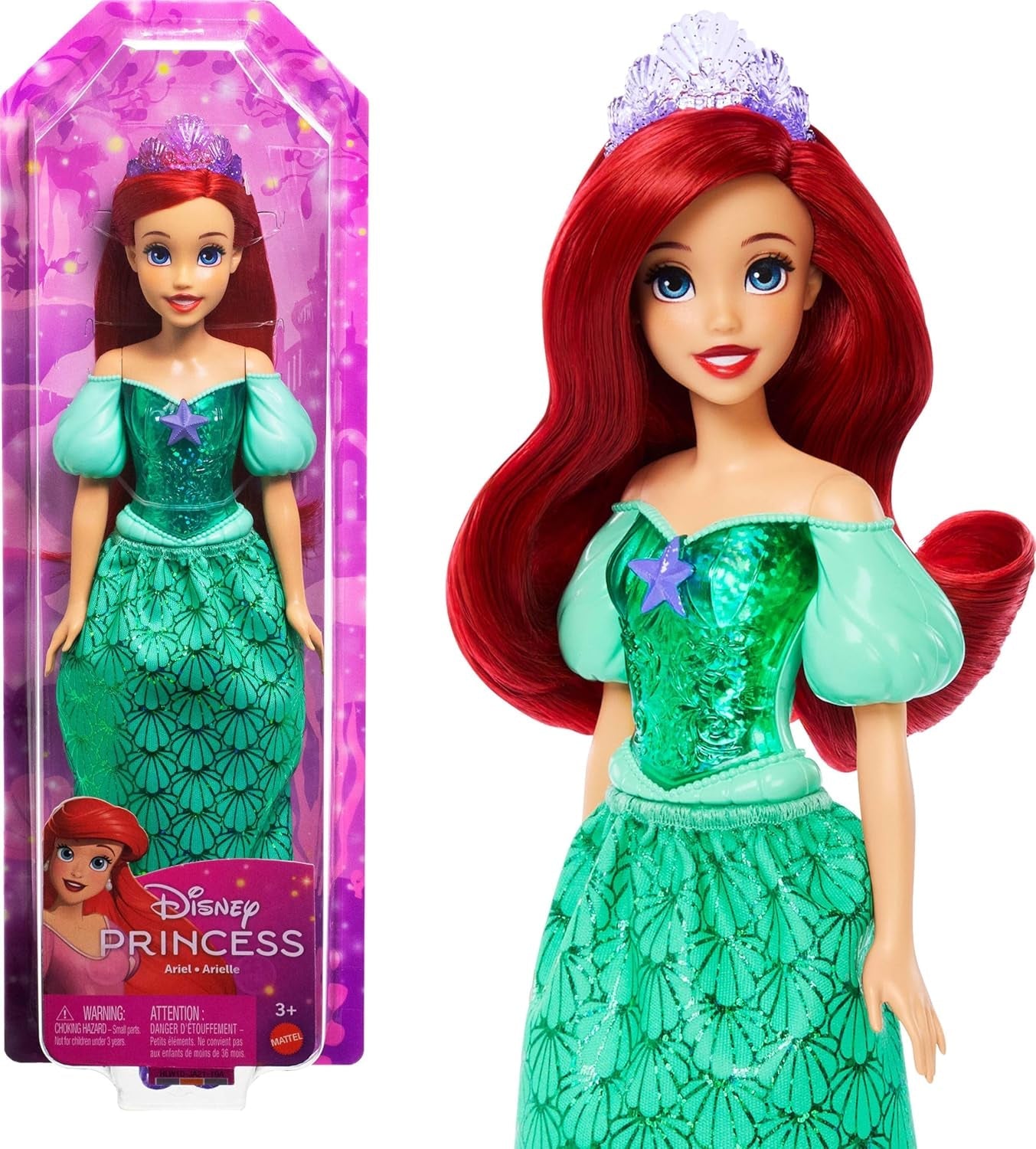 Lalka Mattel Disney Princess Ariel, długie włosy do stylizacji, możliwość pozycjonowania, odpinane buty i opaska na głowę, prezenty Disneya, zabawka dla dzieci w wieku od 3 lat, HLW10