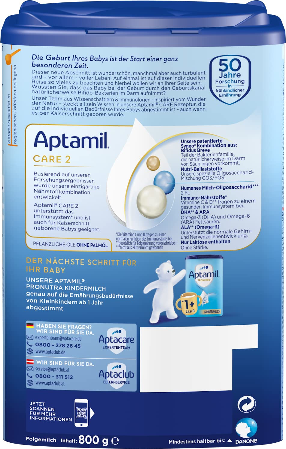 Aptamil Care 2 - Mleko następne po 6 miesiącu, z Omega 3 i 6, DHA i ARA, bez oleju palmowego, żywność dla niemowląt, mleko w proszku, 1 x 800 g (opakowanie 3 szt.)