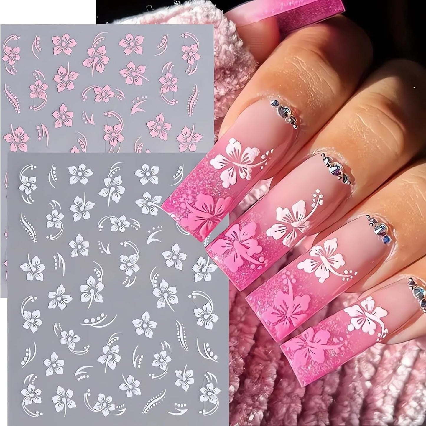 8 Stück Hibiskus Nagelsticker, 3D Selbstklebende Blumen Nagelaufkleber, Weiß Rosa Gelb Magenta Sommer Neonail naklejka, Nail Art Zubehör Nagel Deko für Frauen