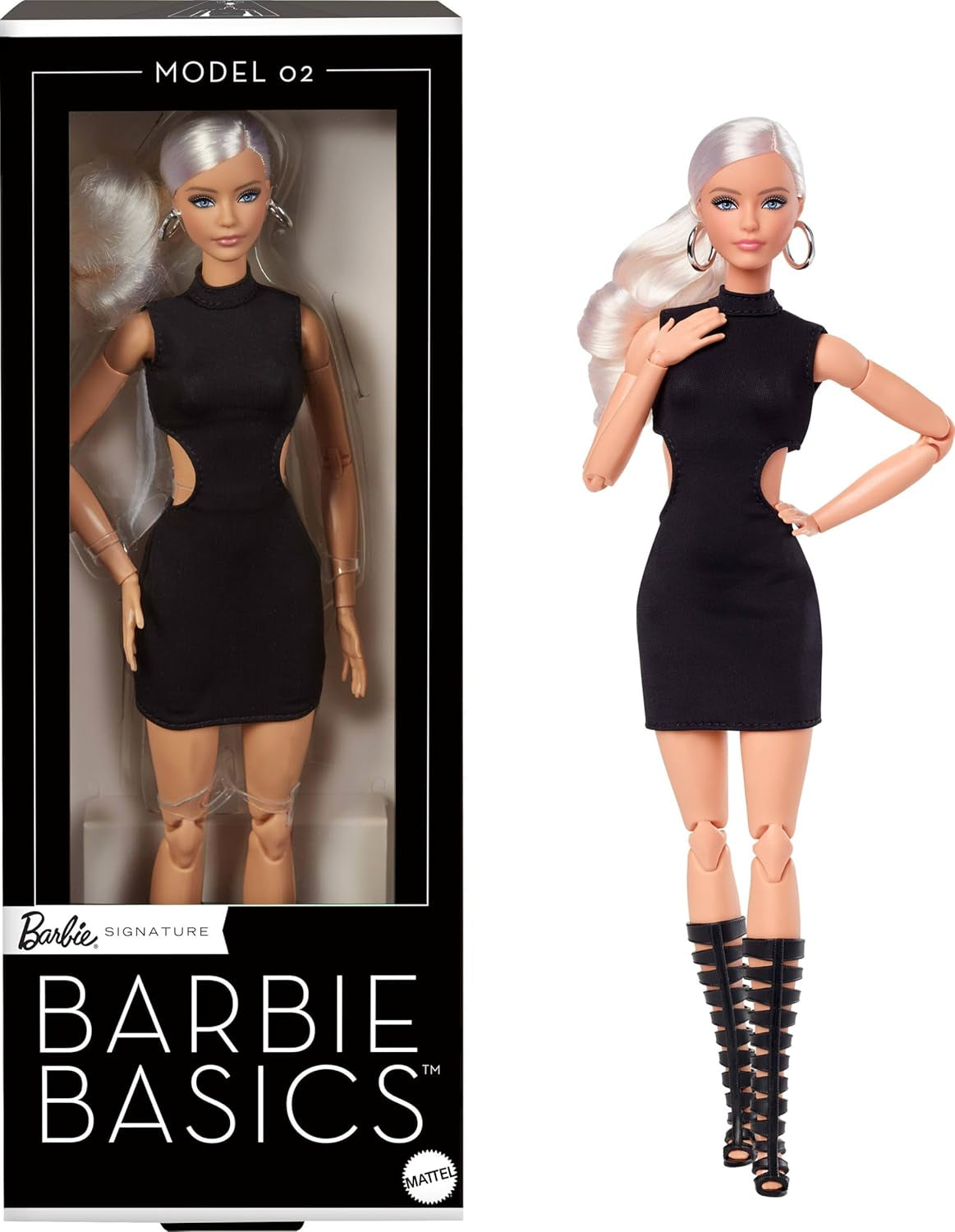 Kolekcjonerska lalka Barbie Basics Model 2 z blond włosami, czarną mini sukienką i butami gladiatorkami, uniwersalny krój, ruchome ciało i wymienna głowa, domyślny tytuł lalki JBH71 Naty Shop