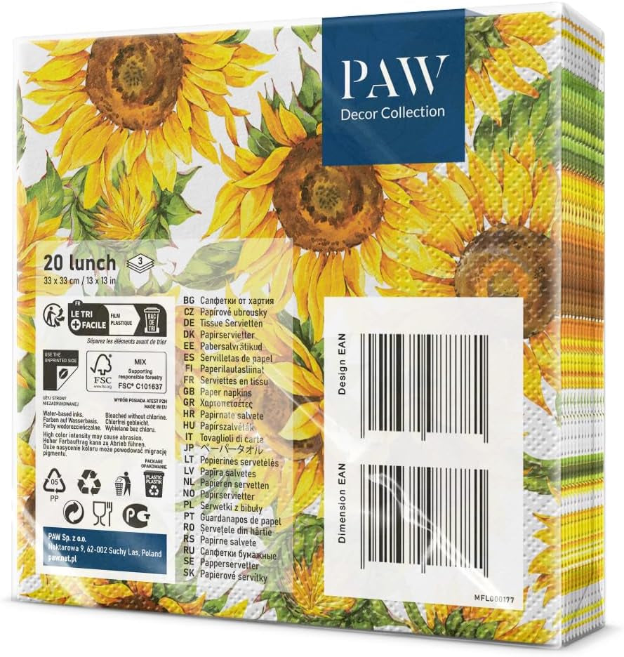 PAW - Serwetki 3-warstwowe (33 x 33 cm) I 20 sztuk I Idealne na urodziny, przyjęcia, randki I Jesienne dekoracje stołu I Kolorowe serwetki papierowe - Słonecznik Żółte płatki I Tańczący słonecznik