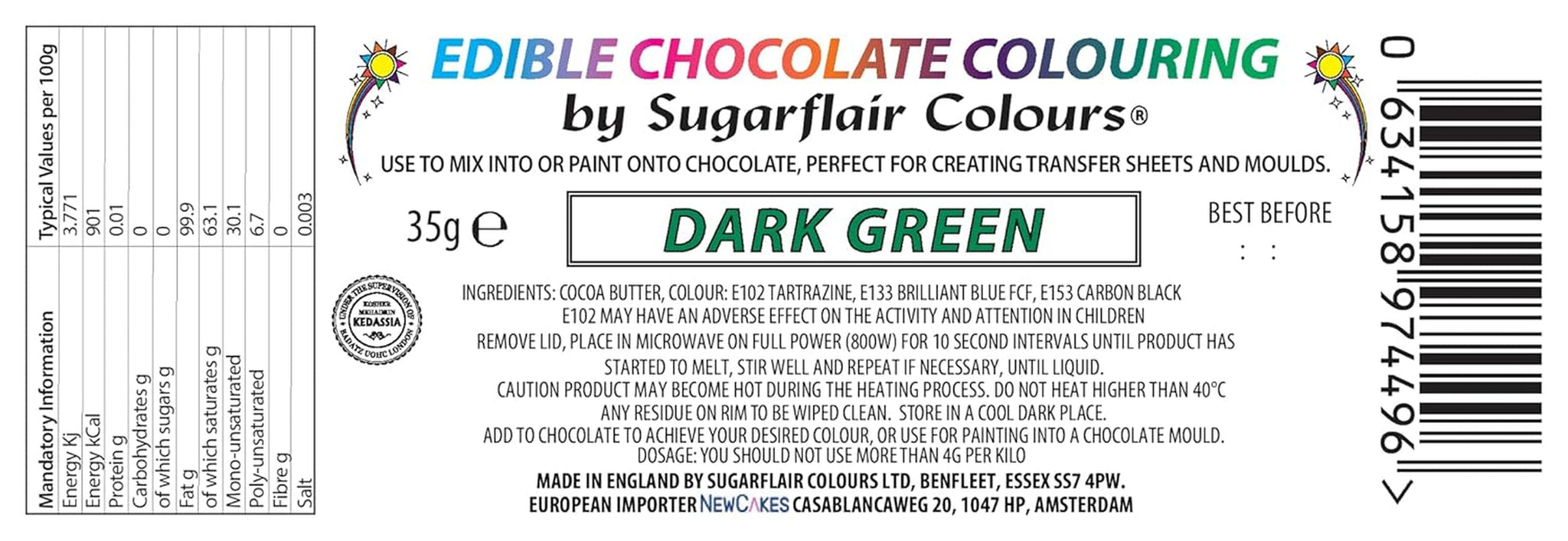 Barwnik spożywczy Sugarflair Chocolate Barwnik spożywczy do czekolady ciemnozielonej - Kolorowe organiczne masło kakaowe, barwnik czekoladowy do barwienia czekolady, praliny - 35g