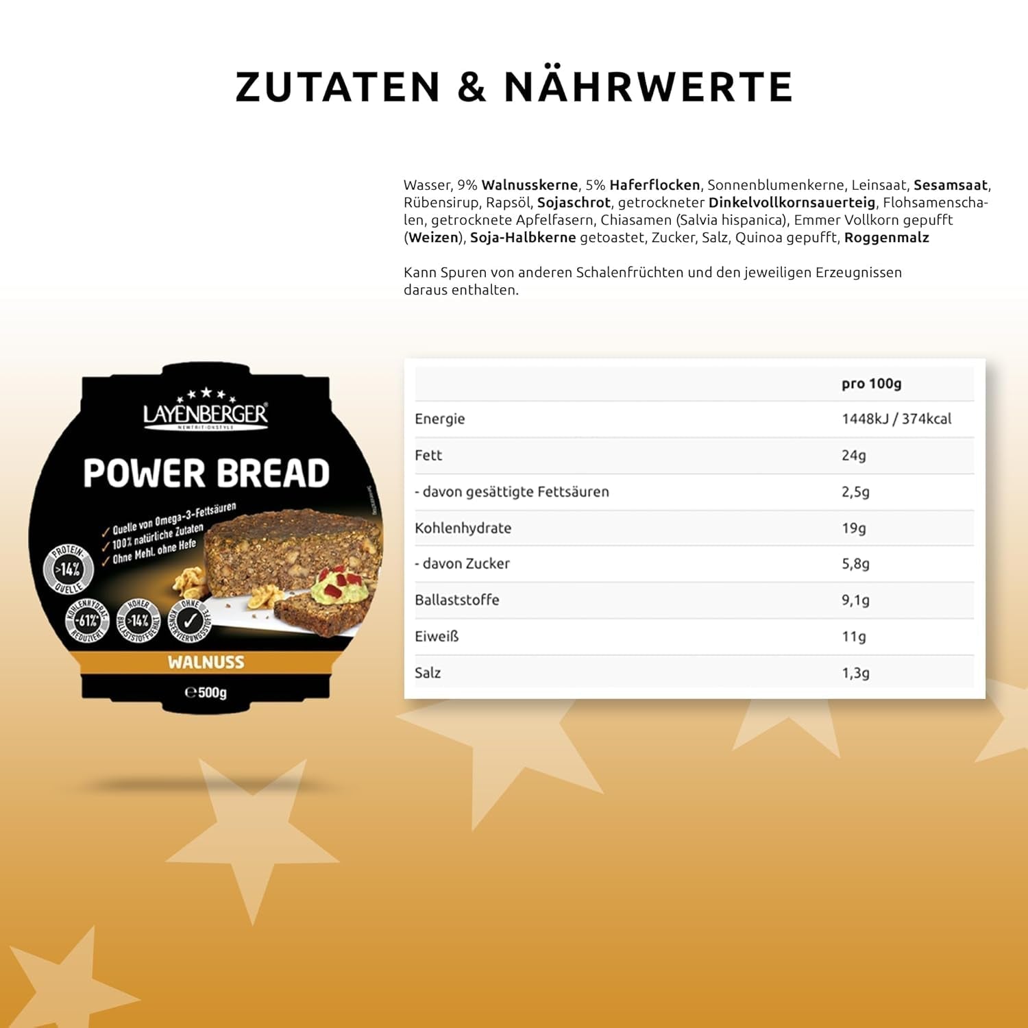 Layenberger Prower Bread Walnut, Eiweiß- Und Ballaststoffquelle, Ohne Konservierungsmittel, Ohne Hefe, Ohne Mehl, Mit 14G Protein Pro 100G, (1 X 500G) Mieszanka do pieczenia i gotowania Naty Shop