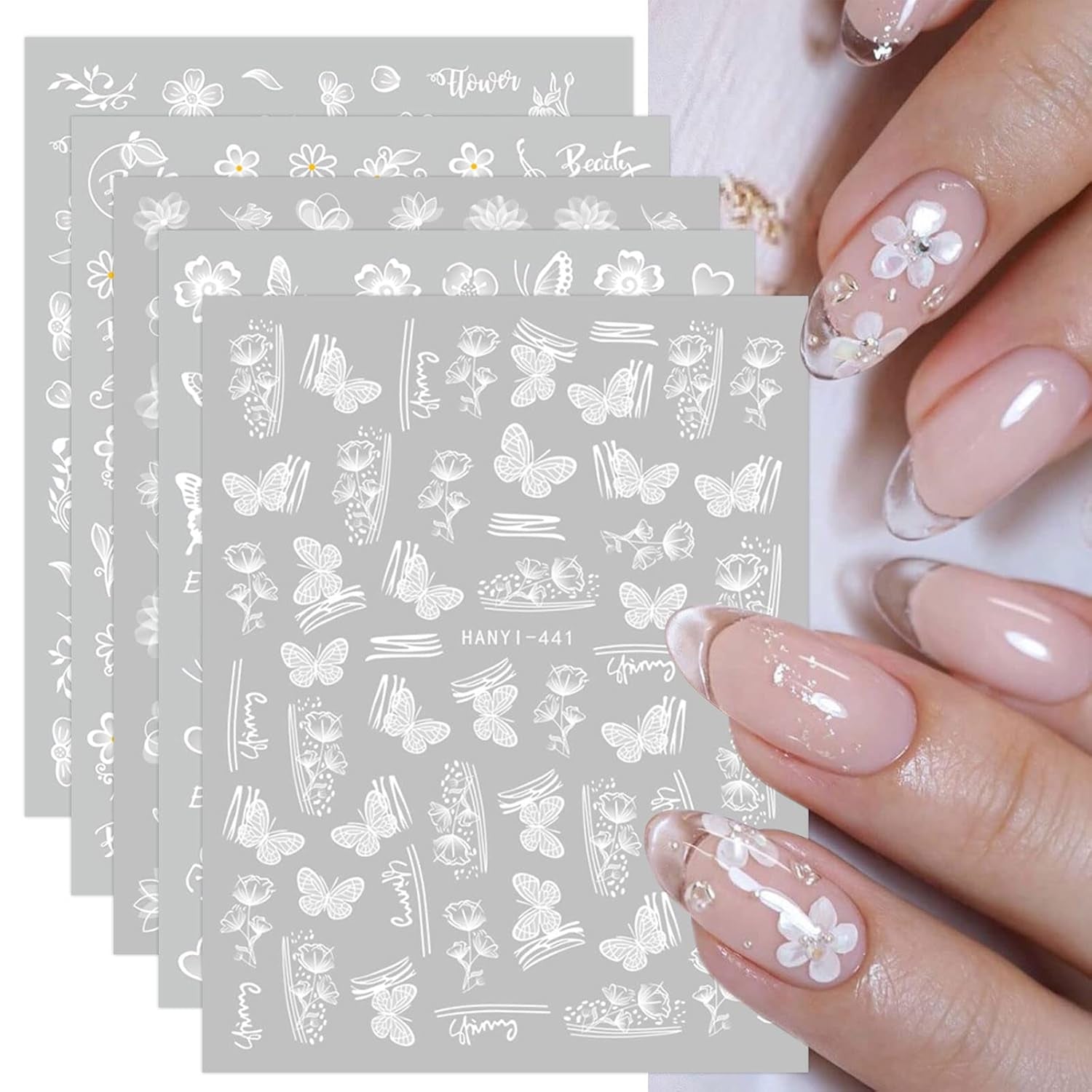 JMEOWIO Nagelsticker Frühlings Weiß Blume 12 Blatt Nail Art Naklejka Selbstklebend Nagelaufkleber Sommer Schmetterling Blumen Blatt Dekoration Nageldesign Zubehör