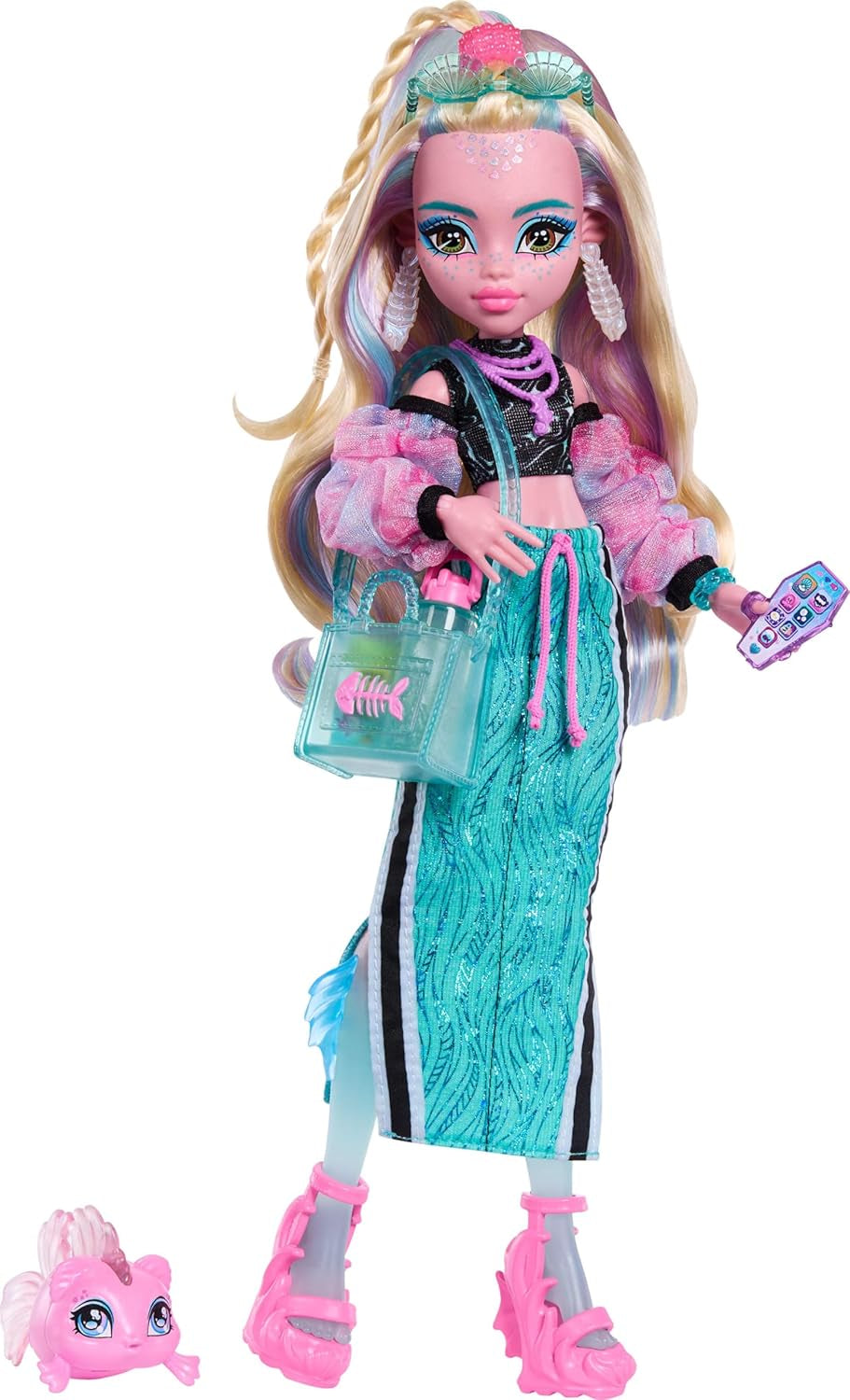 Lalka Monster High Lagoona Blue Neptuna Fish z krótkim topem i sportową spódnicą Maxi z 7 akcesoriami, w tym okularami przeciwsłonecznymi w kształcie muszli, przekąską i torbą, JHK33