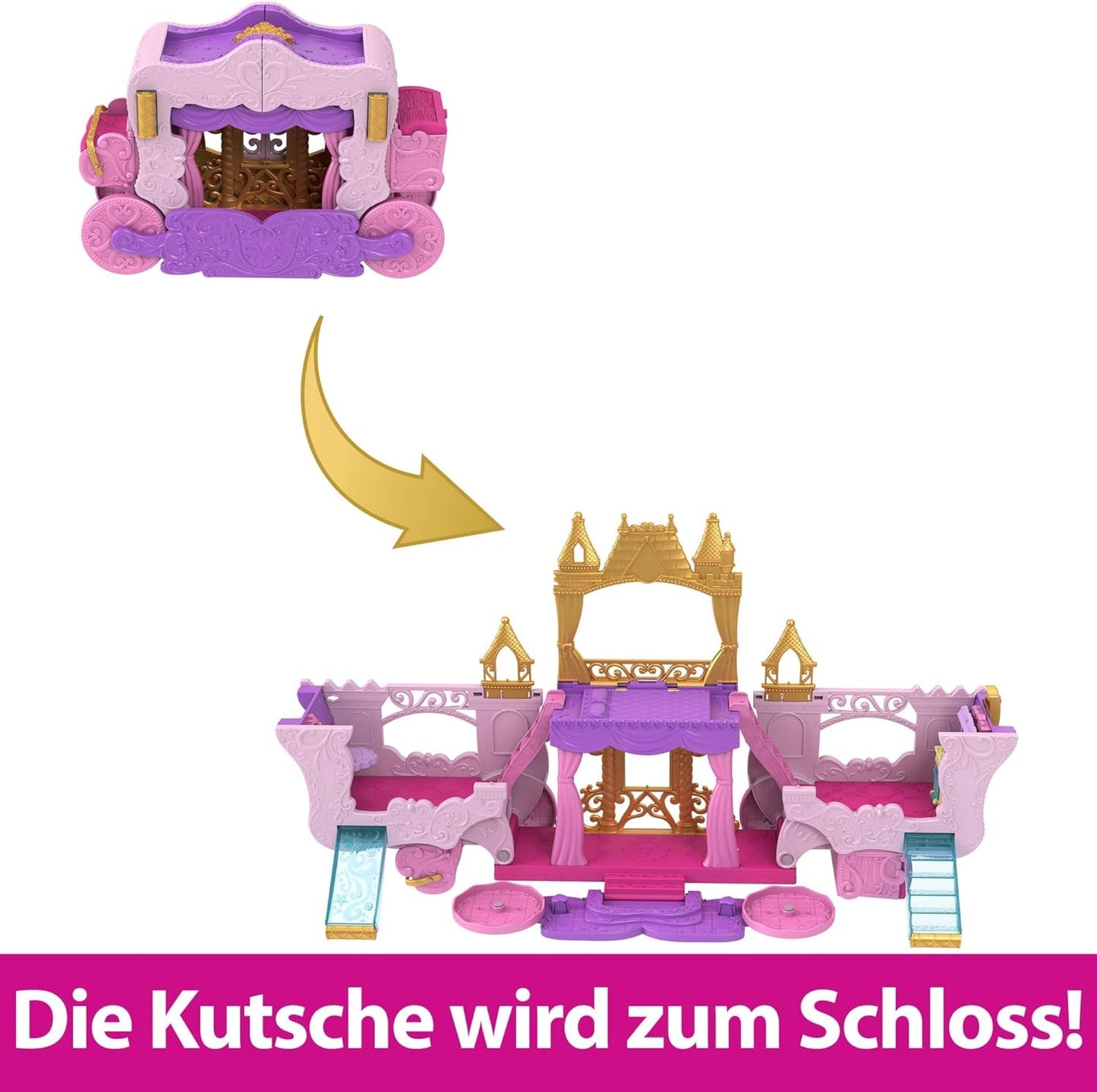 Mattel Disney Princess Zestaw do przekształcenia karetki w zamek z małą lalką Aurora, 3 poziomy, 6 obszarów do zabawy, 4 figurki, meble i akcesoria HWX17 Naty Shop Dolls