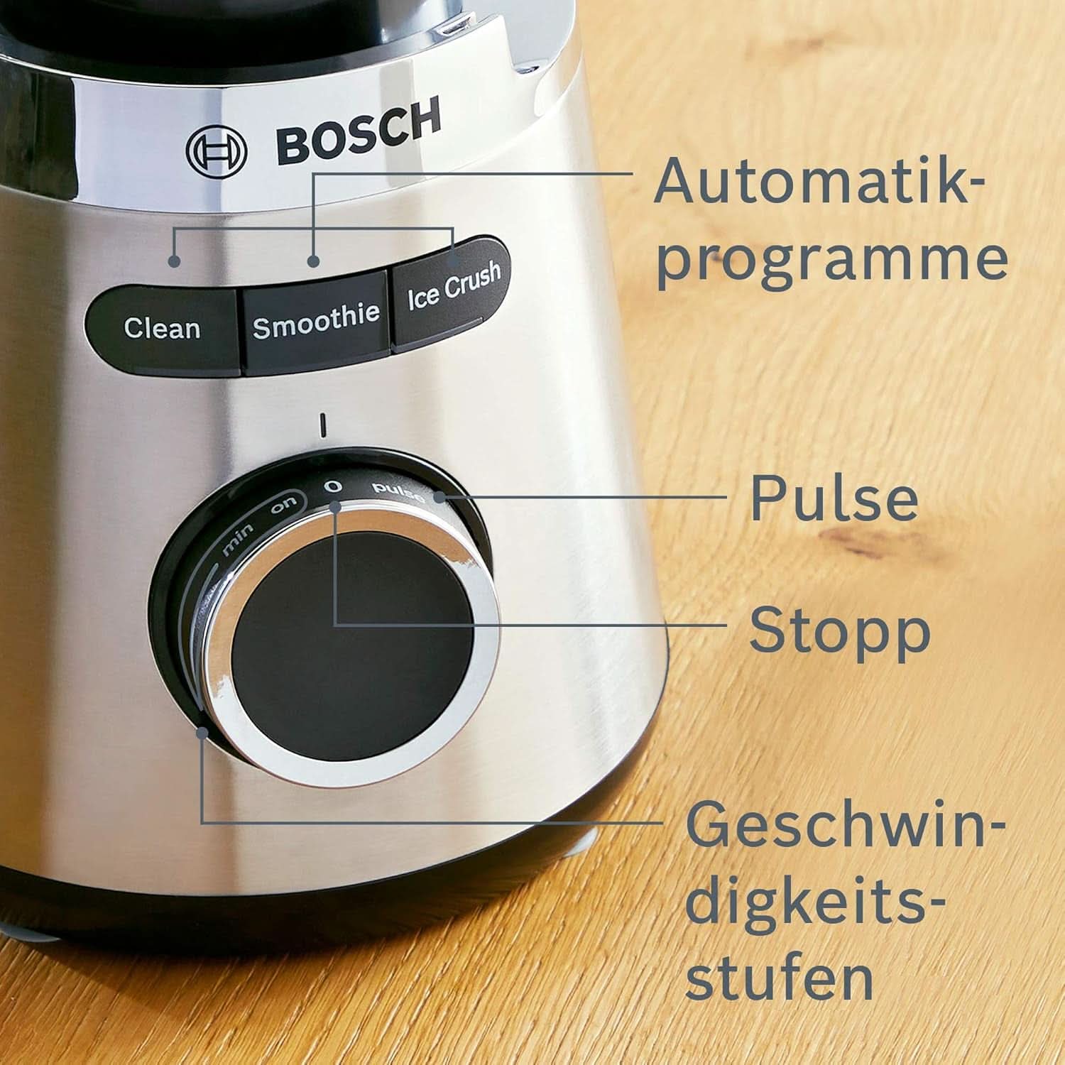 Mikser stojący Bosch Vitapower Serie 4 MMB6382M, Edelstahl-Klingen Made in Germany, 1,5 l Thermosafe Glasbehälter, Stopfer, Sicherheitsdeckel, Spülmaschinengeeignete Teile, 30 000 U/Min, 1200 W, Edelstahl Kitchen Naty Shop