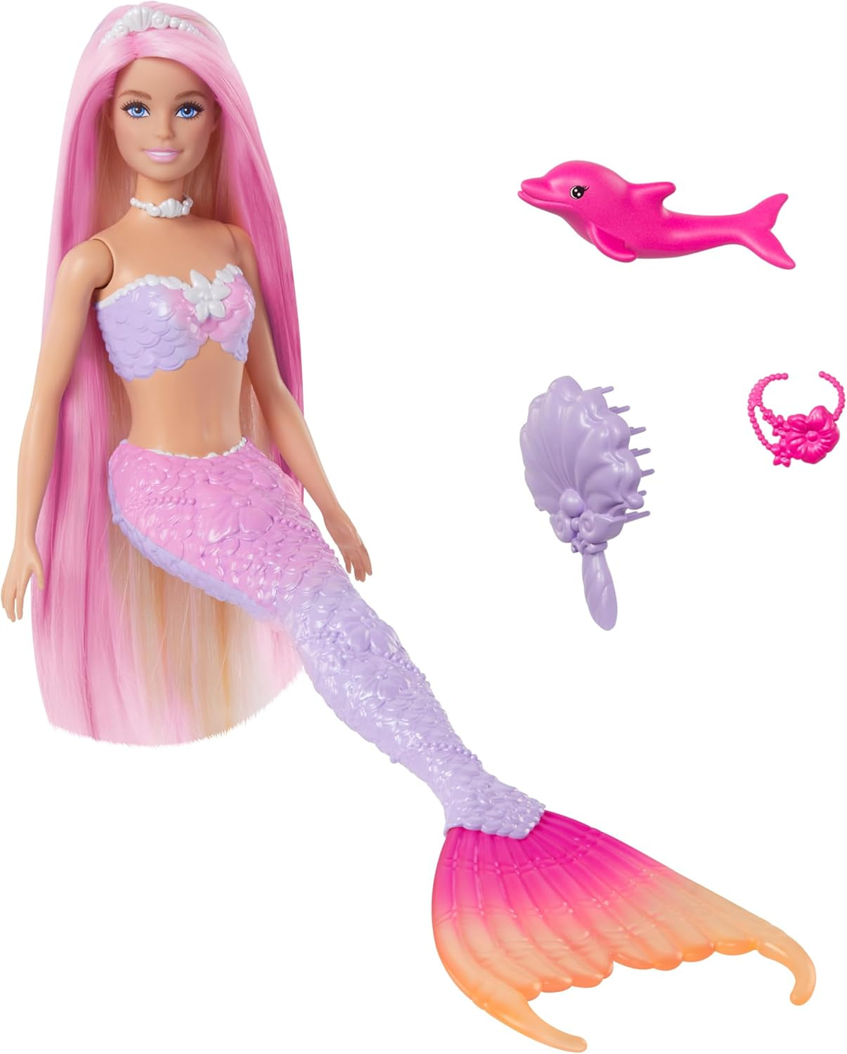 Lalka Syrenka BARBIE - inspirowana serialem telewizyjnym „Barbie: Ukryta magia” z efektem zmiany koloru i dodatkami, różowe włosy o długości 19 cm do stylizacji, dla dzieci w wieku od 3 lat i starszych, HRP97
