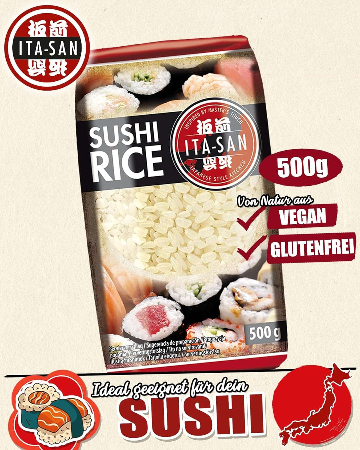 Ryż do sushi ITA-SAN, okrągłoziarnisty, najwyższej jakości, 100% czystej odmiany, szybkie i łatwe przygotowanie, wegański, halal, bezglutenowy (1 x 500g)