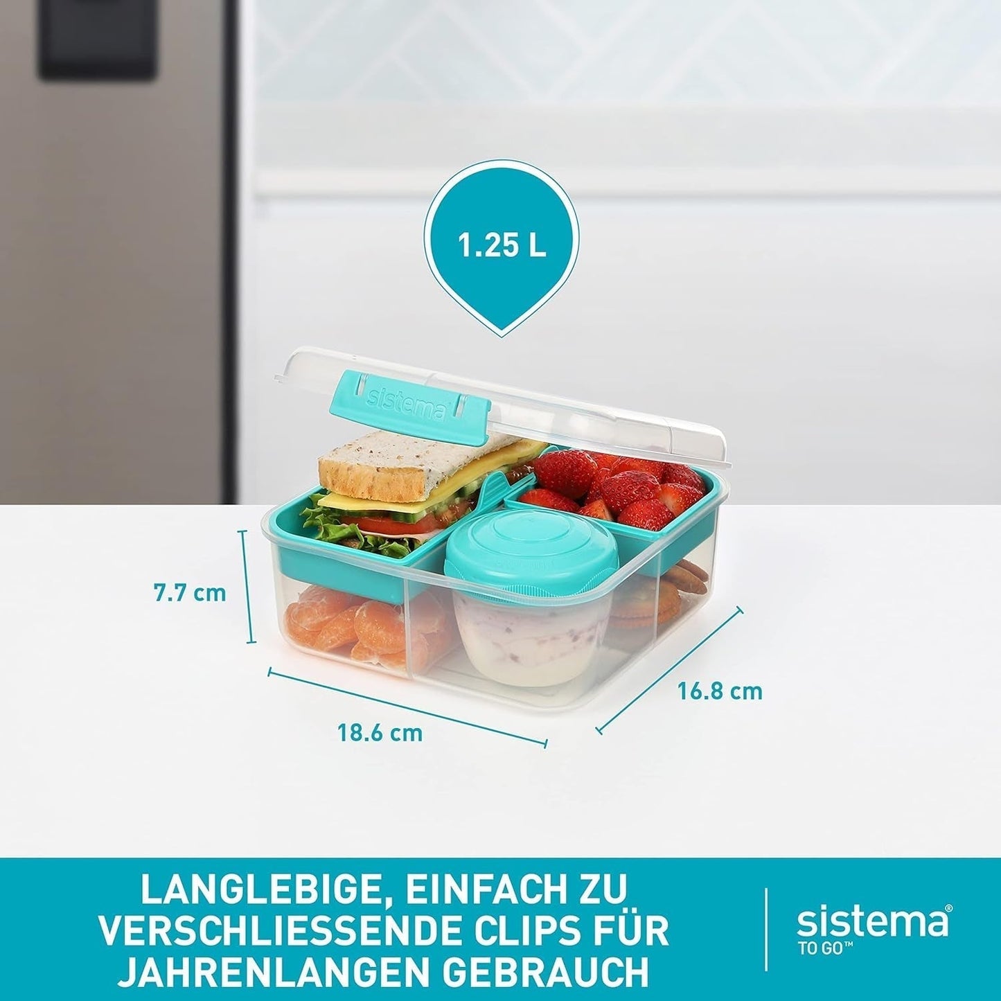 System pojemników na lunch Bento Box TO GO z przegródkami | Pudełko na lunch o pojemności 1,25 l z pojemnikiem na jogurt/owoce | dla dzieci i dorosłych l | Bez BPA Minty Teal [21685-8T], miętowo-zielone Pudełka do przechowywania żywności Naty Shop