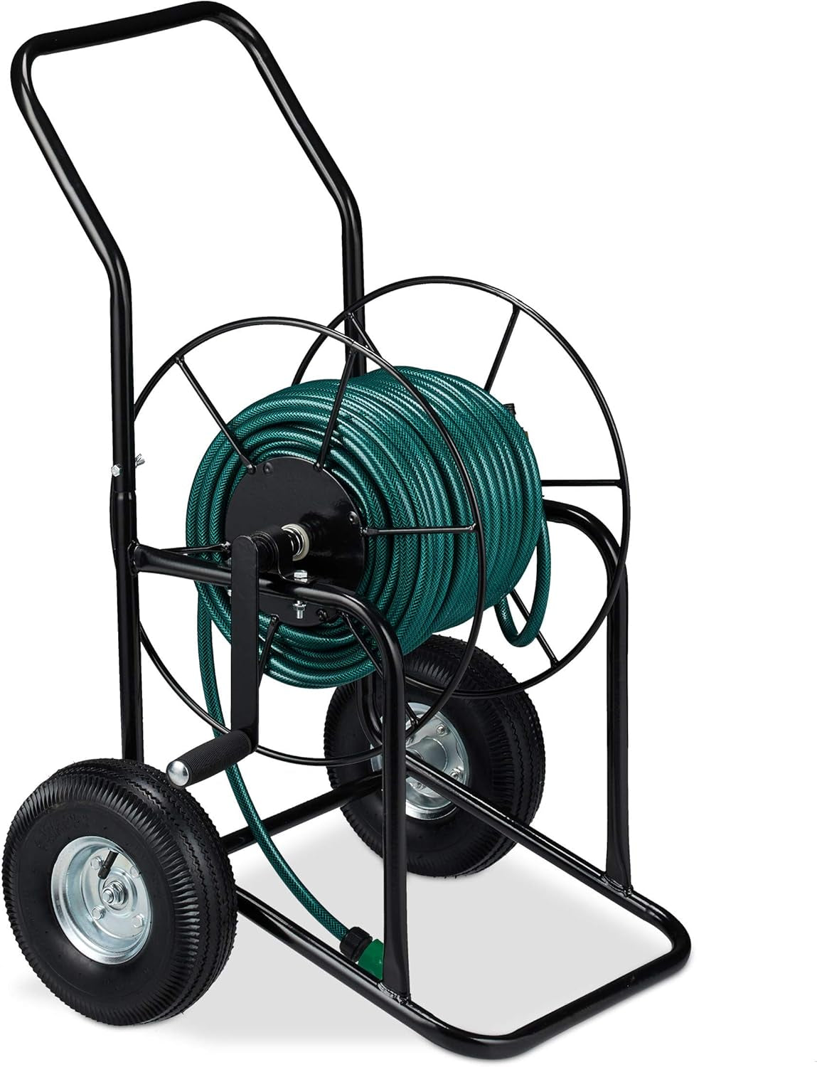 Wózek na wąż Relaxdays, mobilny bęben na wąż, przyłącze 1/2" i 3/4", wąż do 80 m, 2 koła, metal, czarny