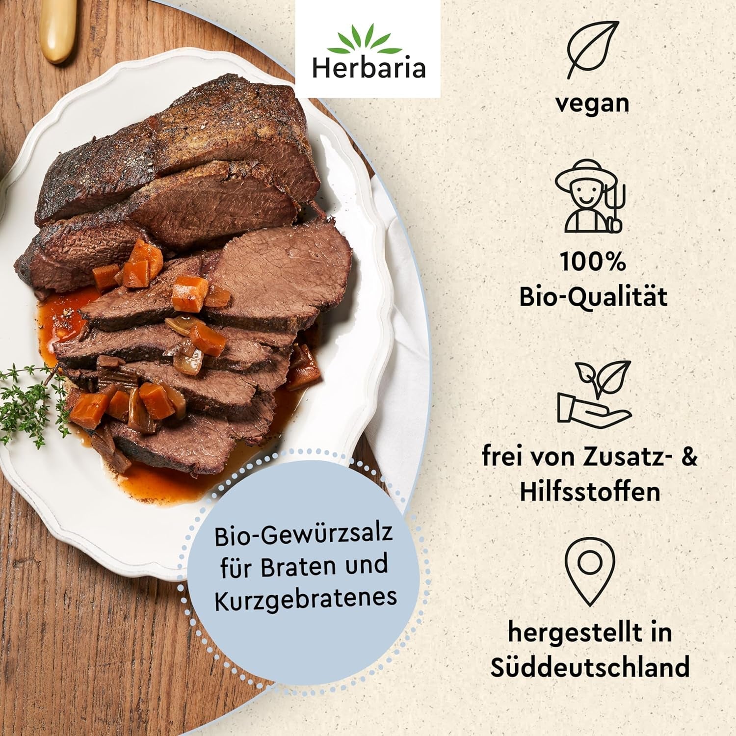 Herbaria Himmel auf Erden bio 100g M-Dose – fertiges Bio-Gewürzsalz für Rind-, Kalb- und Schweinefleisch als Braten oder Kurzgebratenes – w nachhaltiger Aromaschutz-Dose