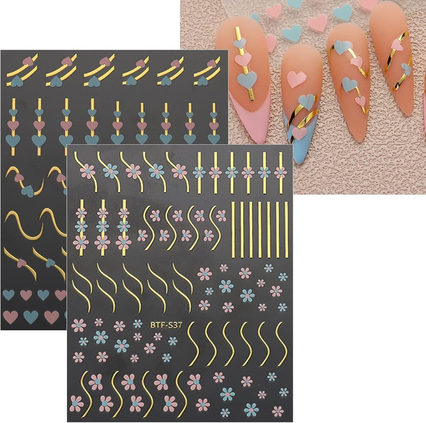 JMEOWIO Nagelsticker Herz Linien Blumen 9 Blatt Nail Art Naklejka Selbstklebend Nagelaufkleber Bunte Dekoration Nageldesign Zubehör