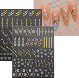 JMEOWIO Nagelsticker Herz Linien Blumen 9 Blatt Nail Art Naklejka Selbstklebend Nagelaufkleber Bunte Dekoration Nageldesign Zubehör