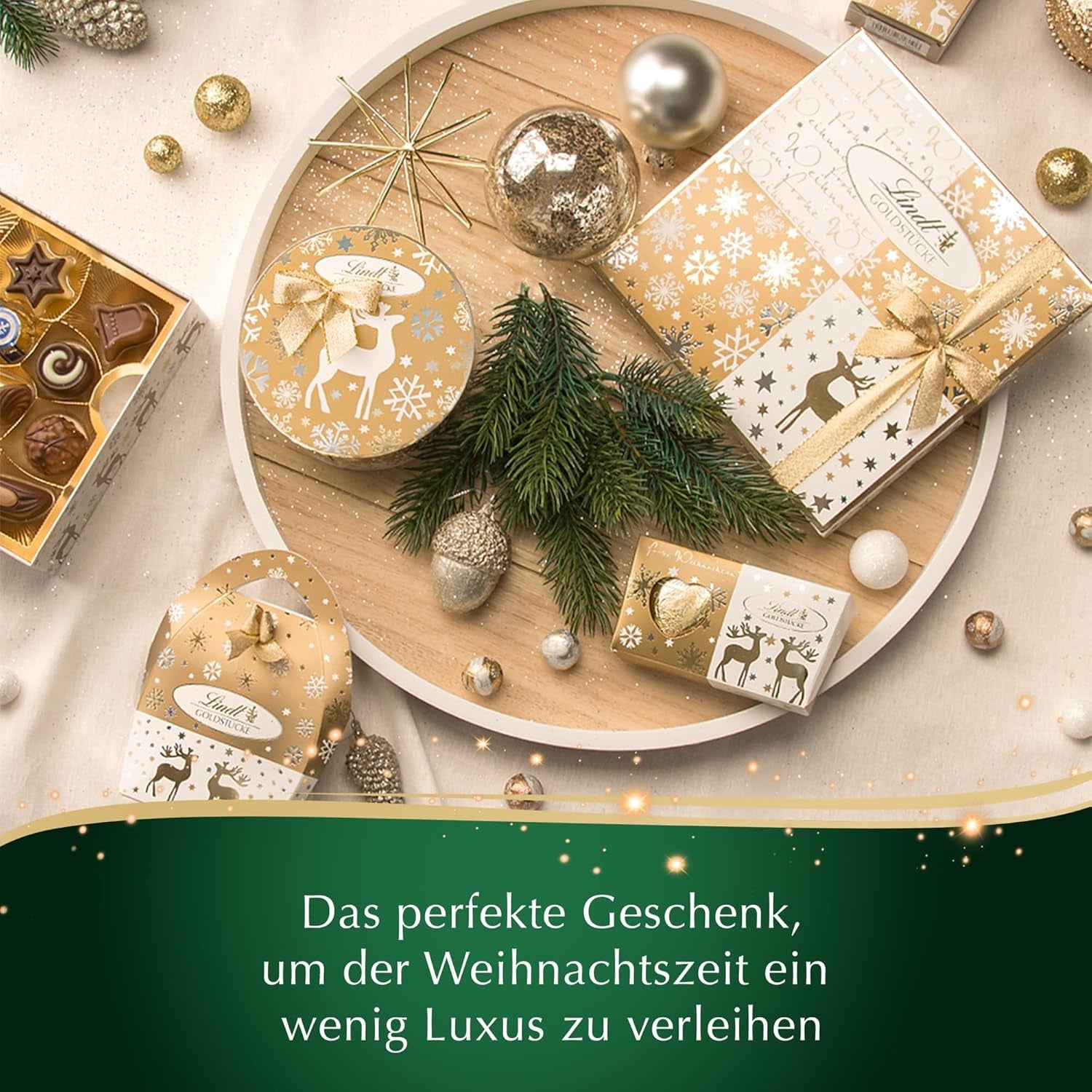 Czekolada Lindta | Pudełko pralinek Gold Pieces | 180g | 18 pralin w 10 asortymentach jako delikatny asortyment pralin, niektóre z alkoholem | Pudełko upominkowe premium z świątecznymi pralinkami