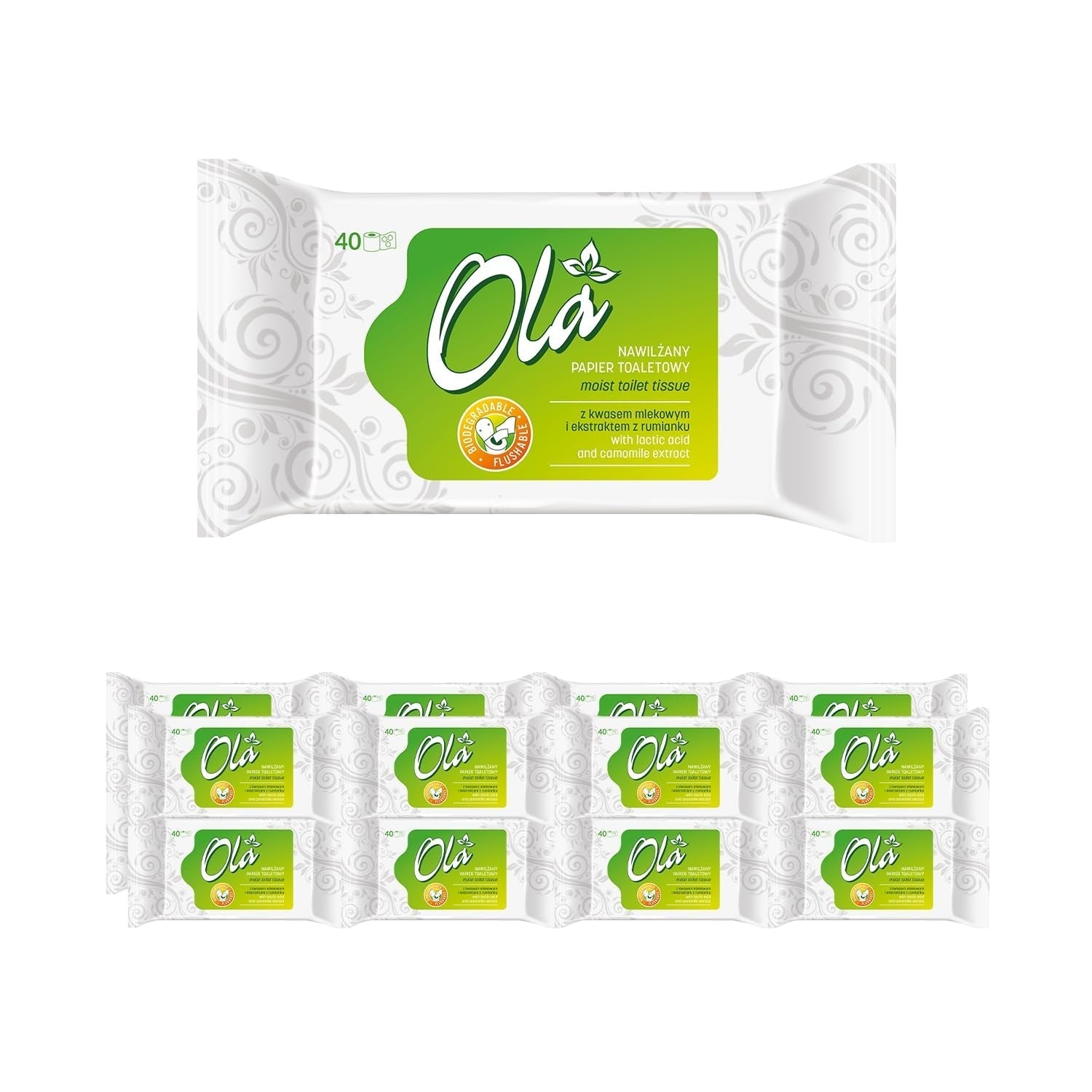 Papier toaletowy mokry OLA - (1X40 szt.) Chusteczki nawilżane - ekstrakt z rumianku i kwas mlekowy, zmywalne, skóra wrażliwa - 40 szt.