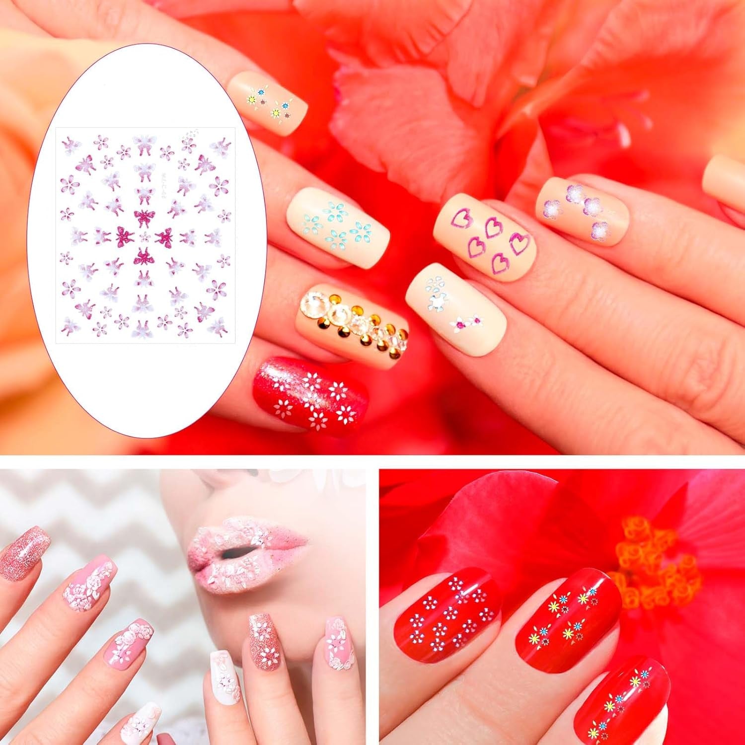 3D Nagelsticker 30 Blatt Nagelsticker Selbstklebend Blumen Blumenherzform Nageldesign Naklejka na paznokcie Nageldesign Zubehör Nagelaufkleber Für DIY Dekorationen, Maniküre, Handyhüllen