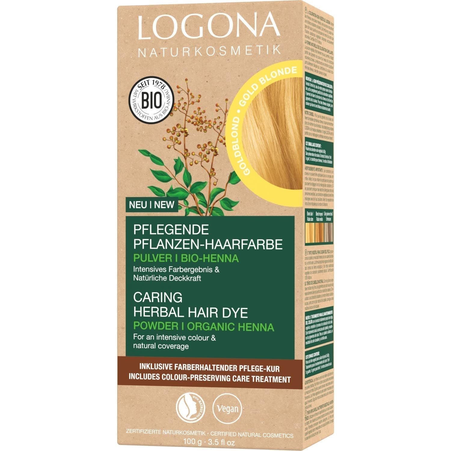 LOGONA Natural Cosmetics Ziołowa odżywcza farba do włosów, Organiczna henna w proszku Wegańska farba do włosów dla intensywnego koloru i połysku, Ziołowa farba do włosów w kolorze Miedziany Blond (Blond), 1 x 100g Naty Shop Złota Blond Farba do włosów 100G (1 opakowanie)