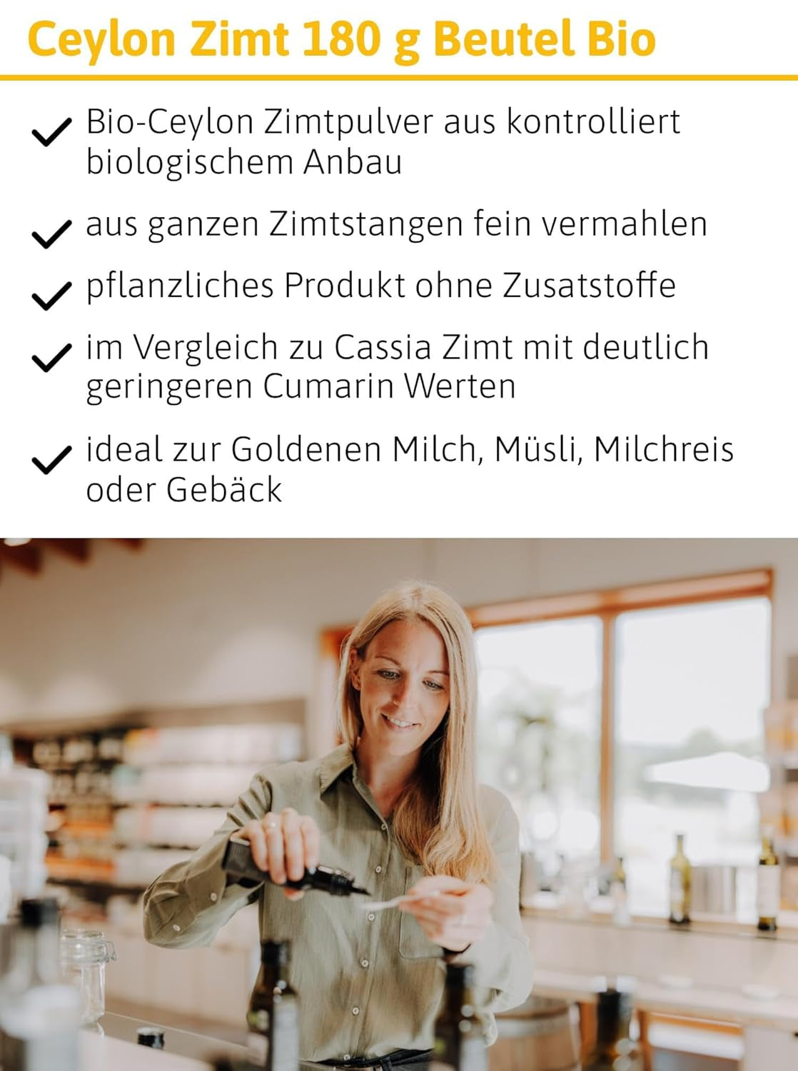 - BIO Ceylon Zimt | Ceylon Zimtpulver aus kontrolliert biologischem Anbau | Zimtpulver fein vermahlen aus ganzen Zimtstangen. Idealny do musli, Milchreis, Gebäck uvm. | Zawartość: 180 g