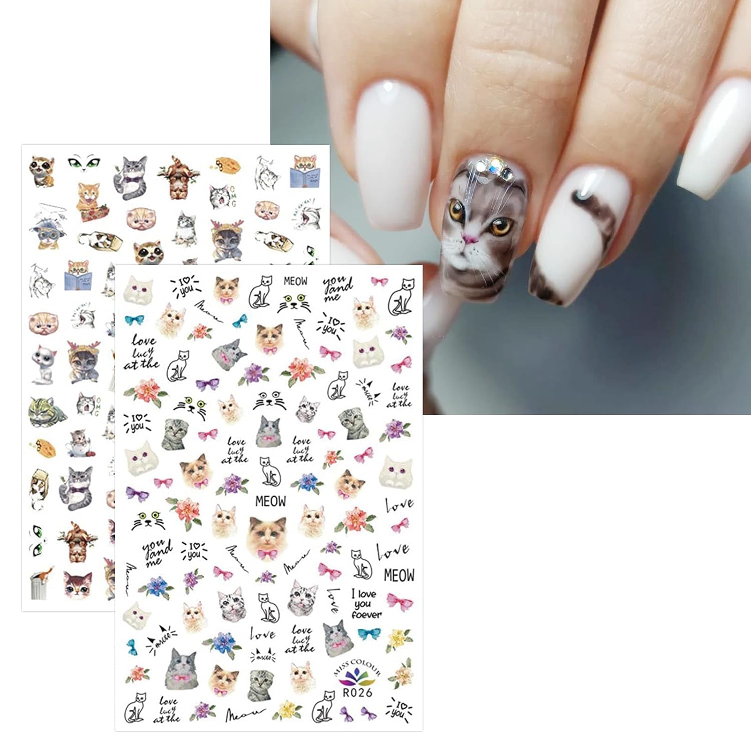 JMEOWIO Nagelsticker Tierische 8 Blatt Nail Art Naklejka Selbstklebend Nagelaufkleber Katze Niedlich Dekoration Nageldesign Zubehör