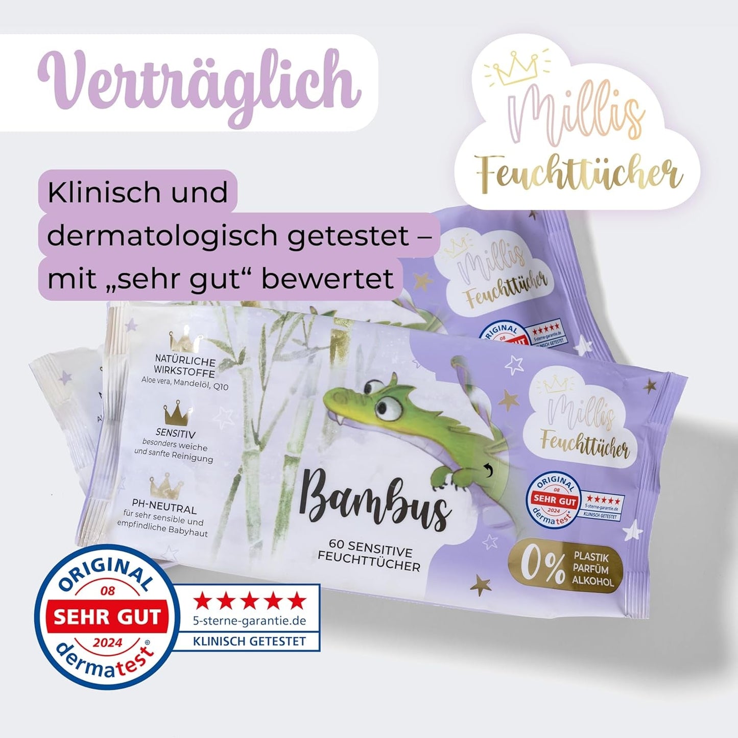 Millis Bamboo Baby Sensitive chusteczki nawilżane do delikatnej skóry dziecka - 5 x 60 sztuk - Naturalne, delikatne i zrównoważone czyszczenie - Biodegradowalne chusteczki dla niemowląt, bez plastiku i alkoholu