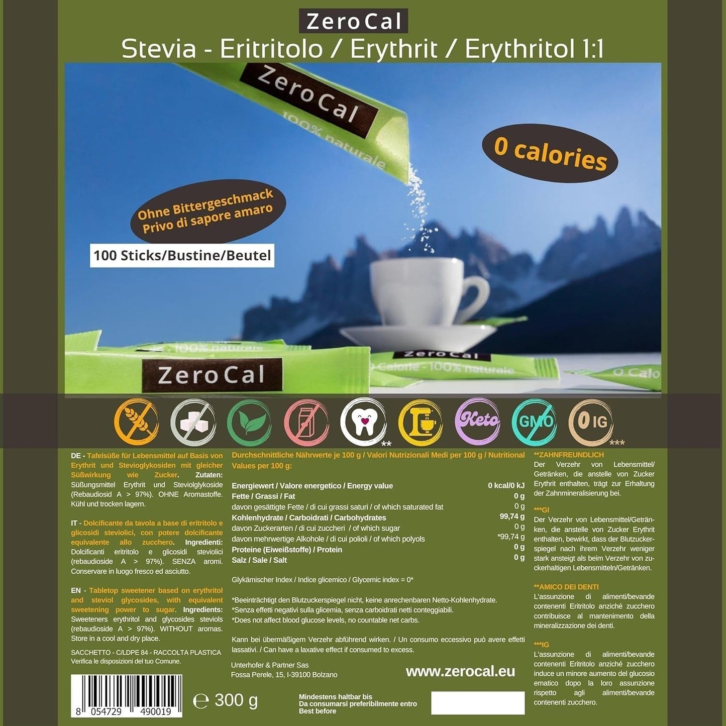 Zerocal - 1:1 (Erytrytol + Stewia) 100 szt. Je 3 G | Idealny do słodzenia kawy, herbaty i innych napojów Gleiche Süßkraft Von Zucker | Bezglutenowe, wegańskie, wolne od GMO | Kalorien Und GI = 0 Słodziki Naty Shop