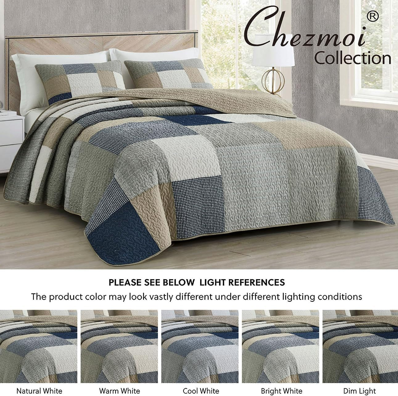 Kolekcja Chezmoi Addy Zestaw patchworkowych kołder Wstępnie prana bawełna Lekki Dwustronny Na każdy sezon Ponadgabarytowy 3 elementy Granatowo-biało-szary ciemnoszary Plaid Kołdry i kołdry Naty Shop