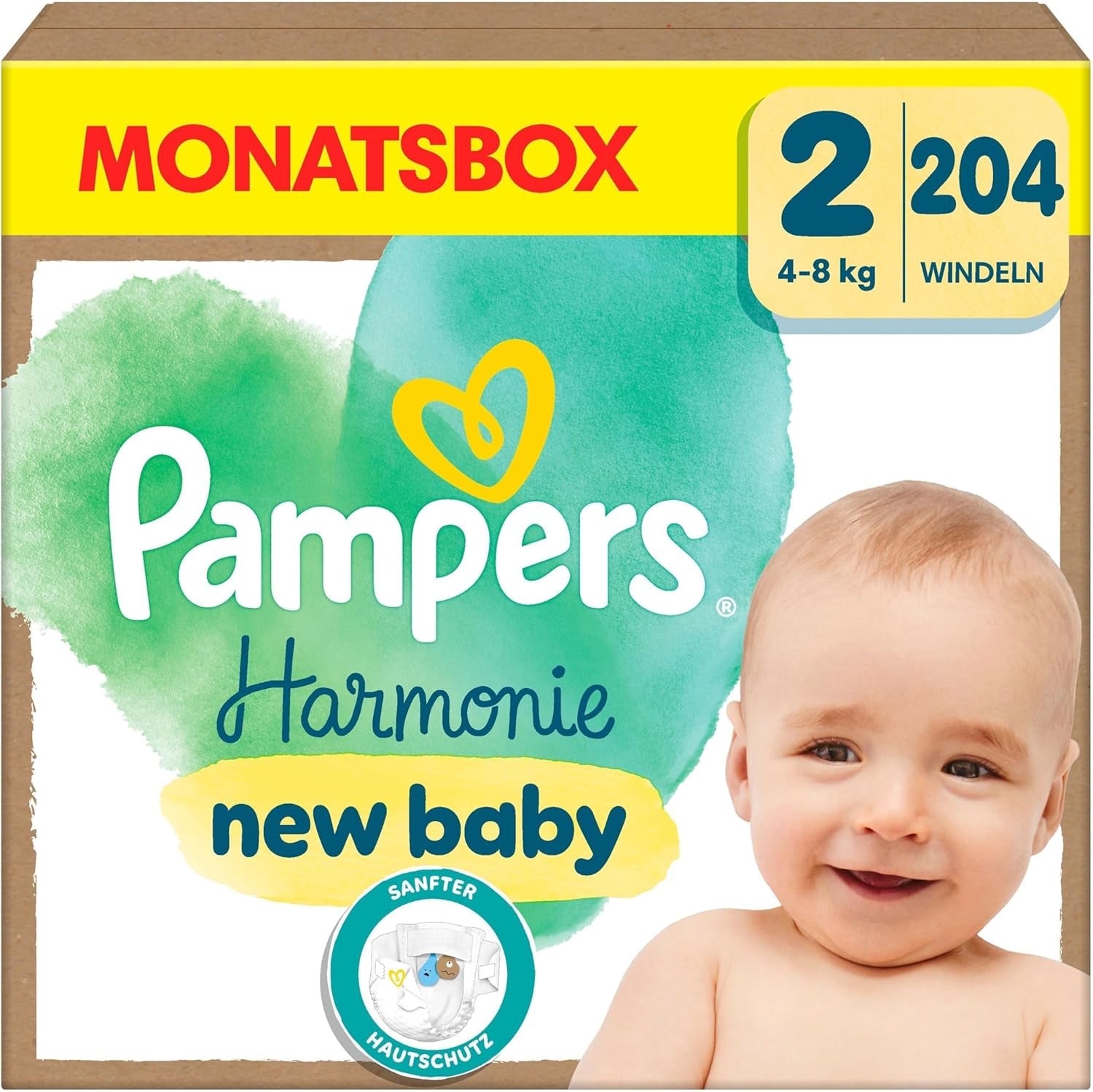 Pieluszki Pampers Harmony rozmiar 2, 204 pieluszki, 4kg-8kg, delikatna ochrona skóry dzięki 100% ochronie Pampers