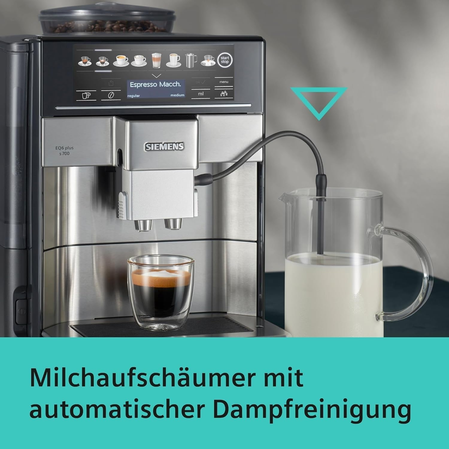 Automatyczny ekspres do kawy Siemens EQ.6 plus s700 TE657503DE, do wielu specjałów kawowych, spieniacz do mleka, młynek ceramiczny, podwójna funkcja kawy, zapobiega osadzaniu się kamienia, automatyczne czyszczenie parą, 1500 W, stal nierdzewna