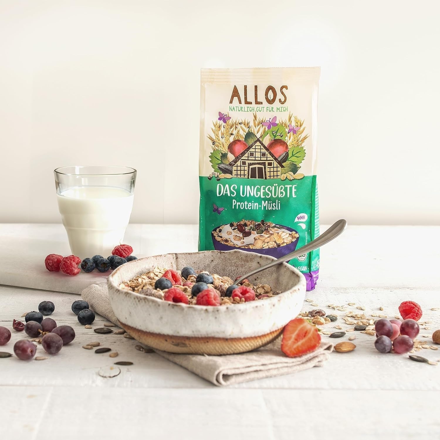 Allos niesłodzone musli białkowe | Organiczne musli | Płatki owsiane | Płatki śniadaniowe | Wegańskie (5 x 450g), 1 sztuka (opakowanie 5 szt.)