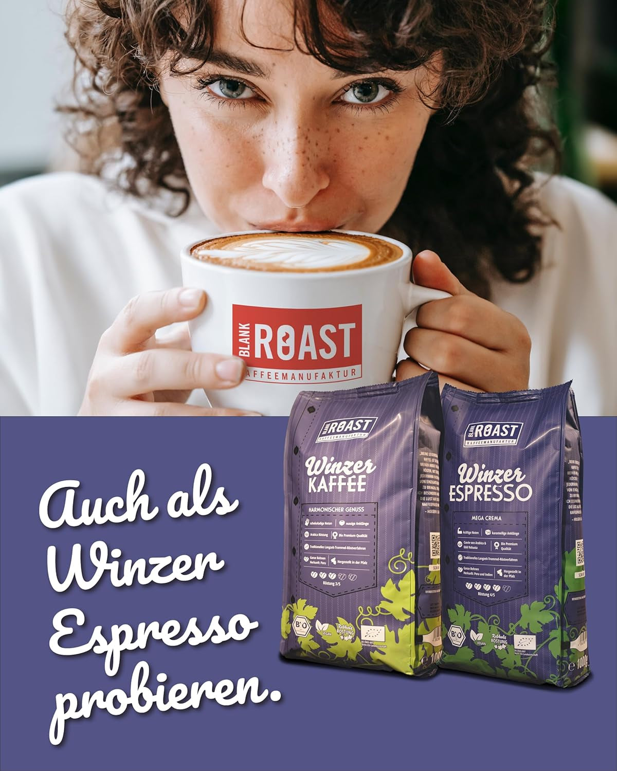 Blank Roast - BIO Winzer Kaffee 1000g - schonend mit Pfälzer Rebholz geröstet - ganze Kaffee-Bohnen aus Peru - 100% Arabica Röstung - schokoladig & nutig - säurearm