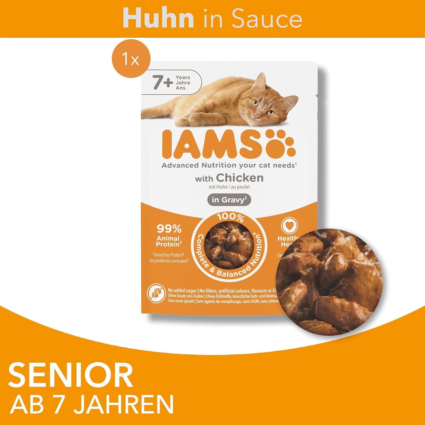 IAMS Delights Mokra karma dla kotów z kurczakiem w sosie dla starszych kotów od 7. roku życia – wielkość próbna, pojedyncza saszetka, 1 x 85 g