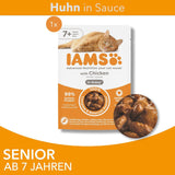 IAMS Delights Mokra karma dla kotów z kurczakiem w sosie dla starszych kotów od 7. roku życia – wielkość próbna, pojedyncza saszetka, 1 x 85 g