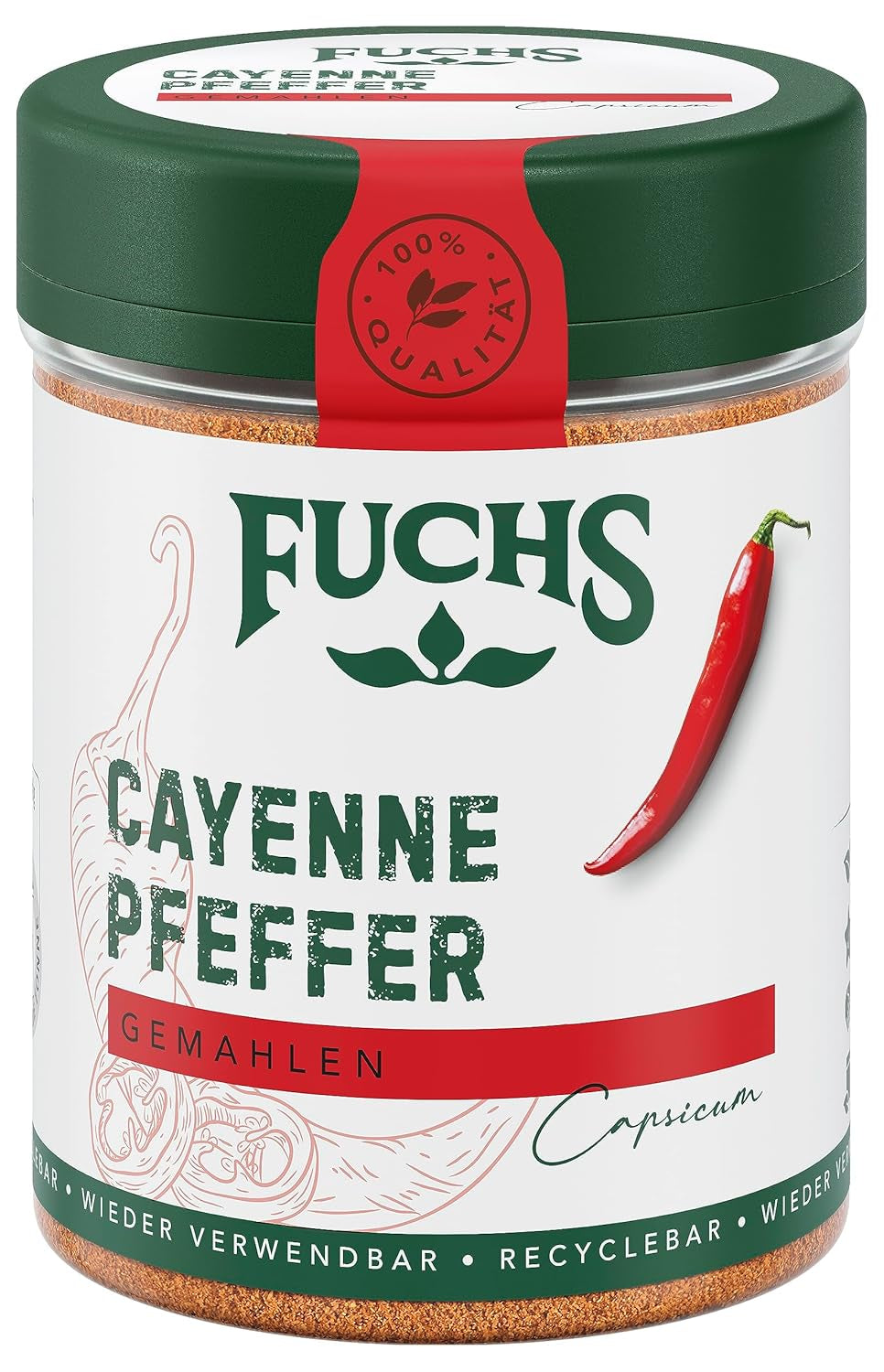 Fuchs Gewürze - Pieprz cayenne gemahlen - do einen scharfen Geschmack we wszelkiego rodzaju potrawach - naturalne składniki - 60 g w wiederverwendbarer, recyclebarer Dawka