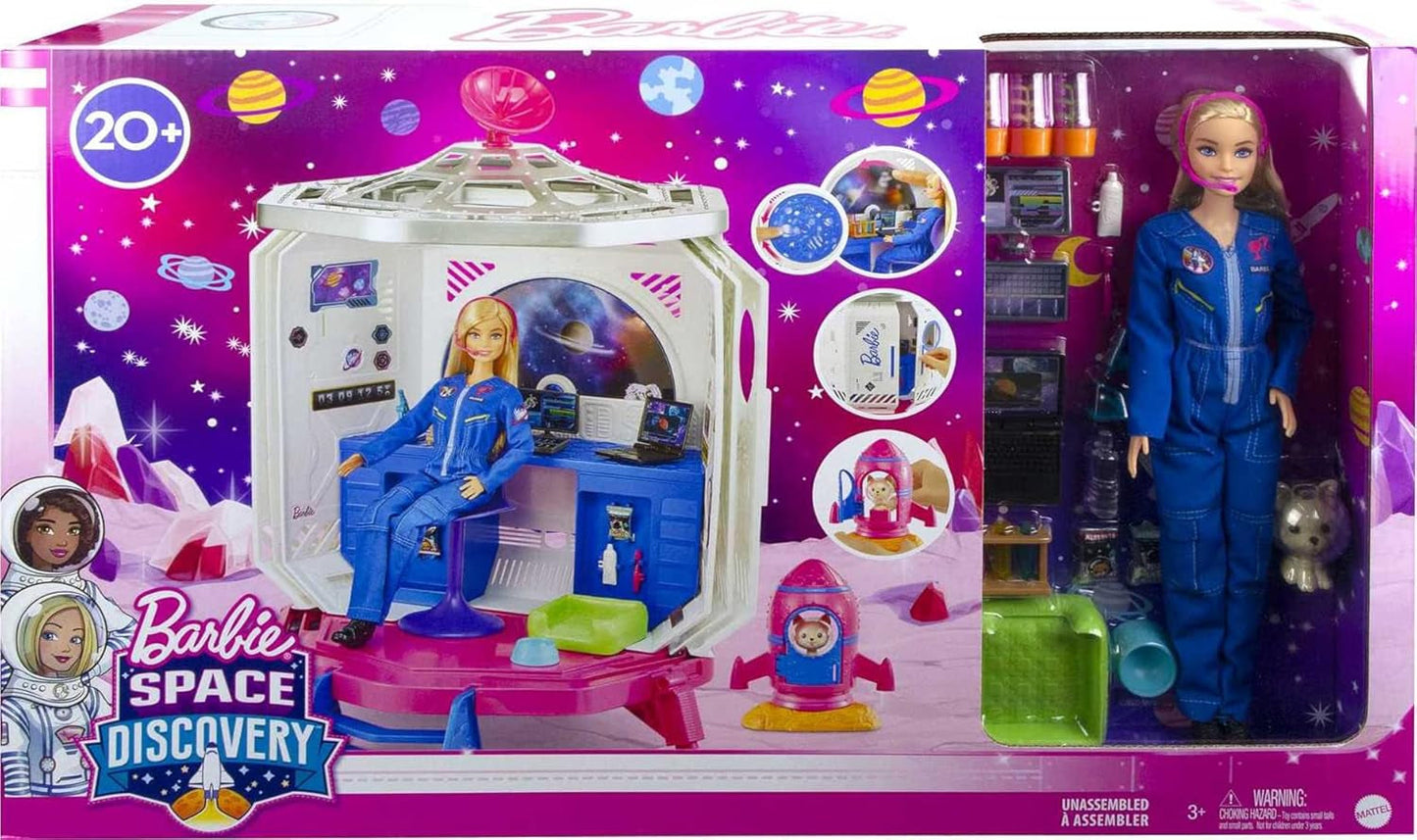 Barbie GXF27 - kosmiczna przygoda na stacji kosmicznej, kosmiczna lalka, szczeniak, stacja robocza, sceny kosmiczne, 20 akcesoriów, zabawka prezentowa dla dzieci w wieku od 3 lat