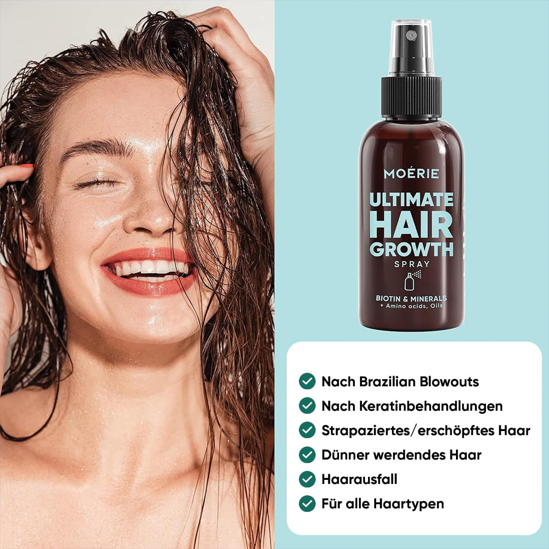 MOÉRIE Ultimate Mineralny spray na porost włosów dla dłuższych, grubszych i pełniejszych włosów - z biotyną i kofeiną - Wegańskie produkty do włosów, bez parabenów, wszystkie rodzaje włosów, odwraca wypadanie włosów - dostawa na 2 miesiące Pielęgnacja włosów Naty Shop