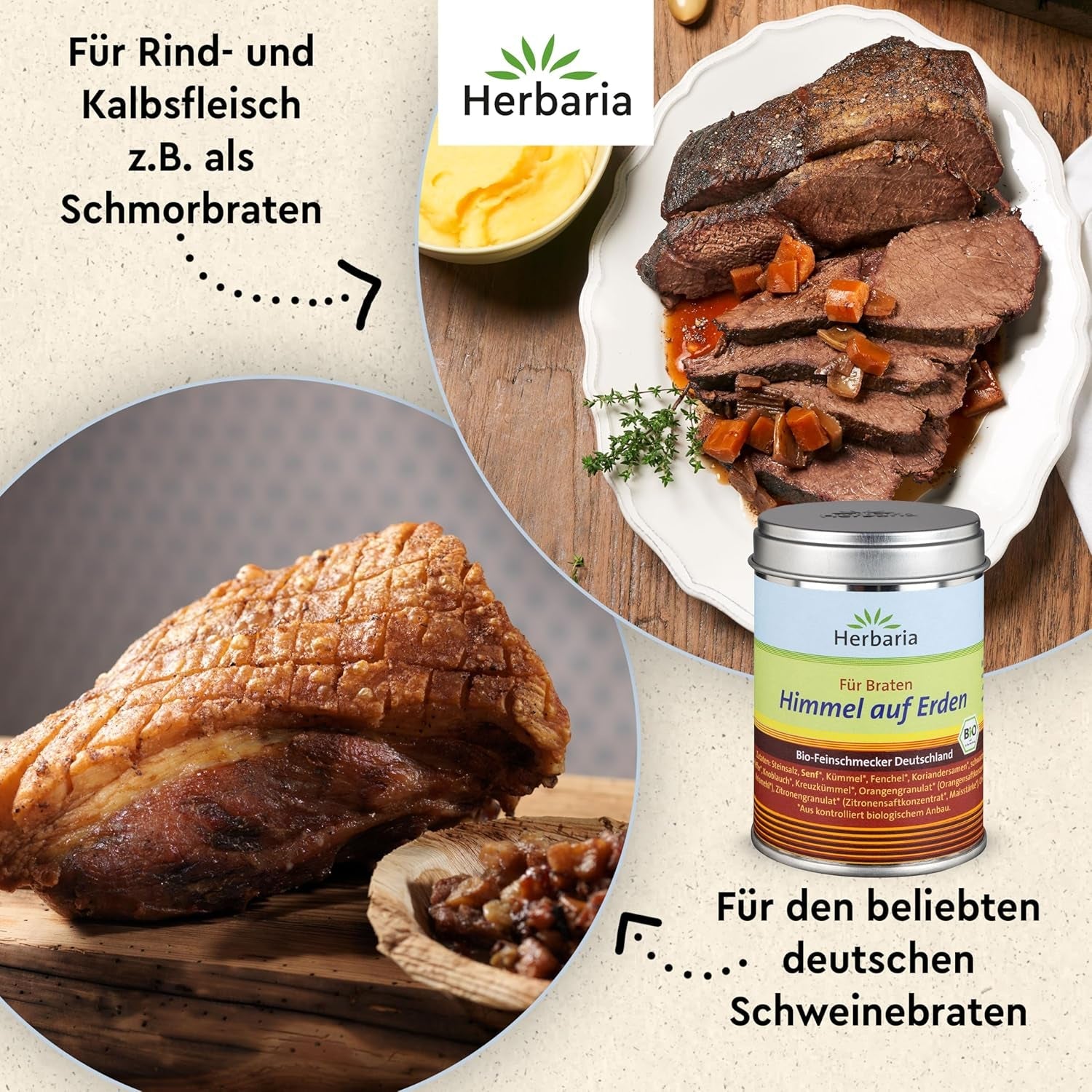 Herbaria Himmel auf Erden bio 100g M-Dose – fertiges Bio-Gewürzsalz für Rind-, Kalb- und Schweinefleisch als Braten oder Kurzgebratenes – w nachhaltiger Aromaschutz-Dose