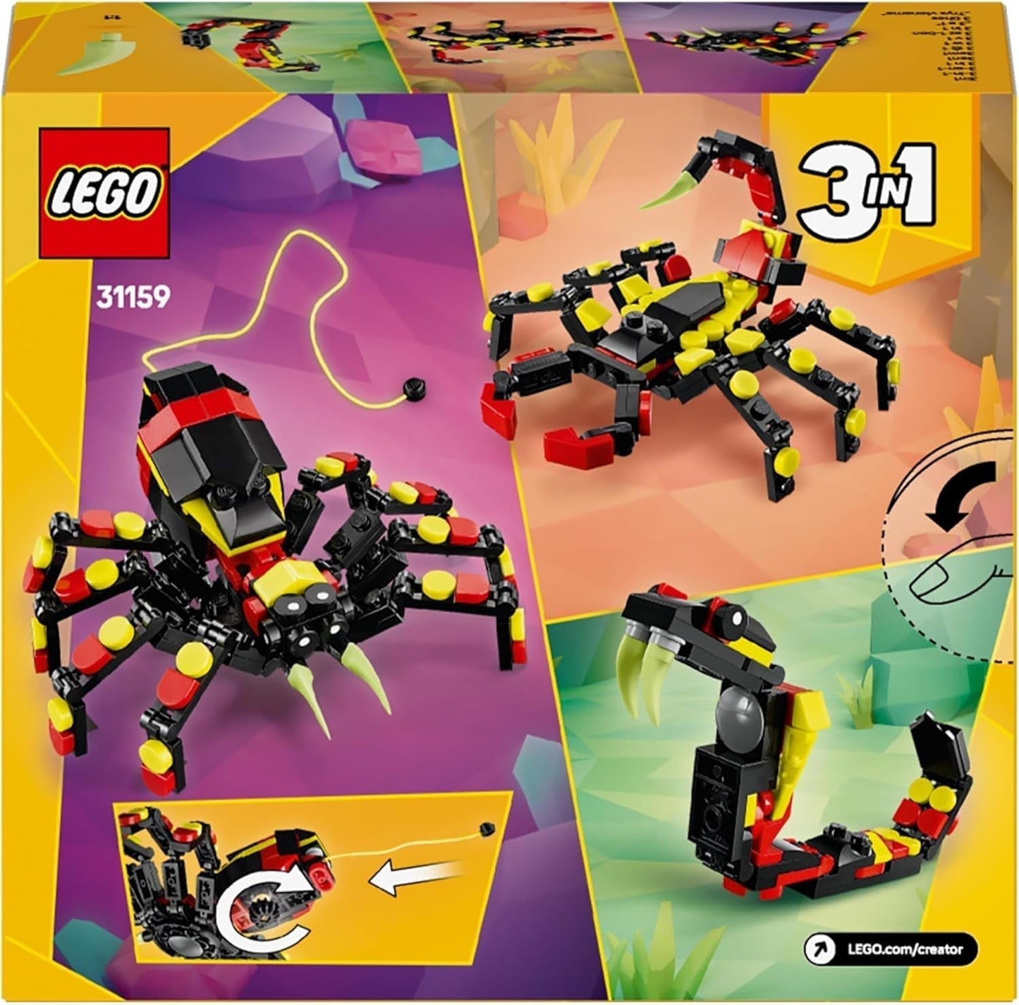 LEGO Creator 3w1 Dzikie zwierzęta: Pająk-niespodzianka - zabawka do przebudowania na figurkę skorpiona lub węża - zestaw do budowania z 3 modelami - prezent dla chłopców i dziewcząt od 7 lat 31159 Zestawy do budowania Besuche den LEGO-Store