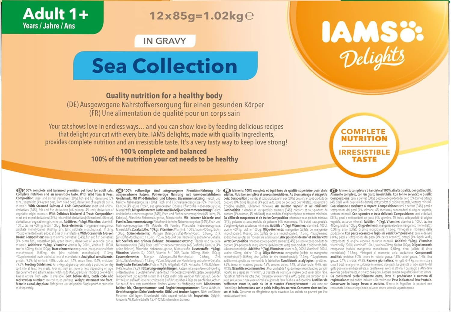 IAMS Delights Sea Collection Katzenfutter Nass - Opakowanie zbiorcze z Fisch Sorten (Lachs, Thunfisch, Makrela, Seefisch) w sosie, Nassfutter für Katzen od 1 Jahr, 12 x 85g
