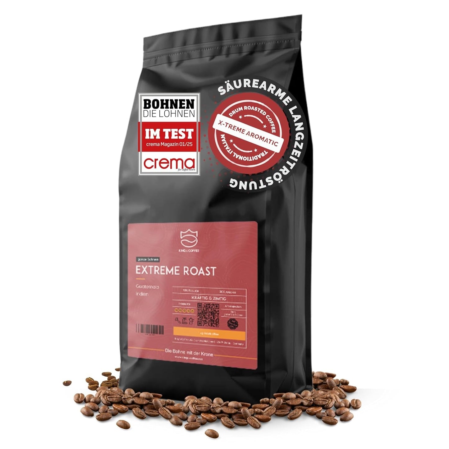 KING'S COFFEE - EXTREME ROAST - Ziarna Espresso Intenso - bardzo niska kwasowość - palenie małych partii z Włoch - kawa ziarnista do ekspresów w pełni automatycznych i ekspresów kolbowych - 1 kg