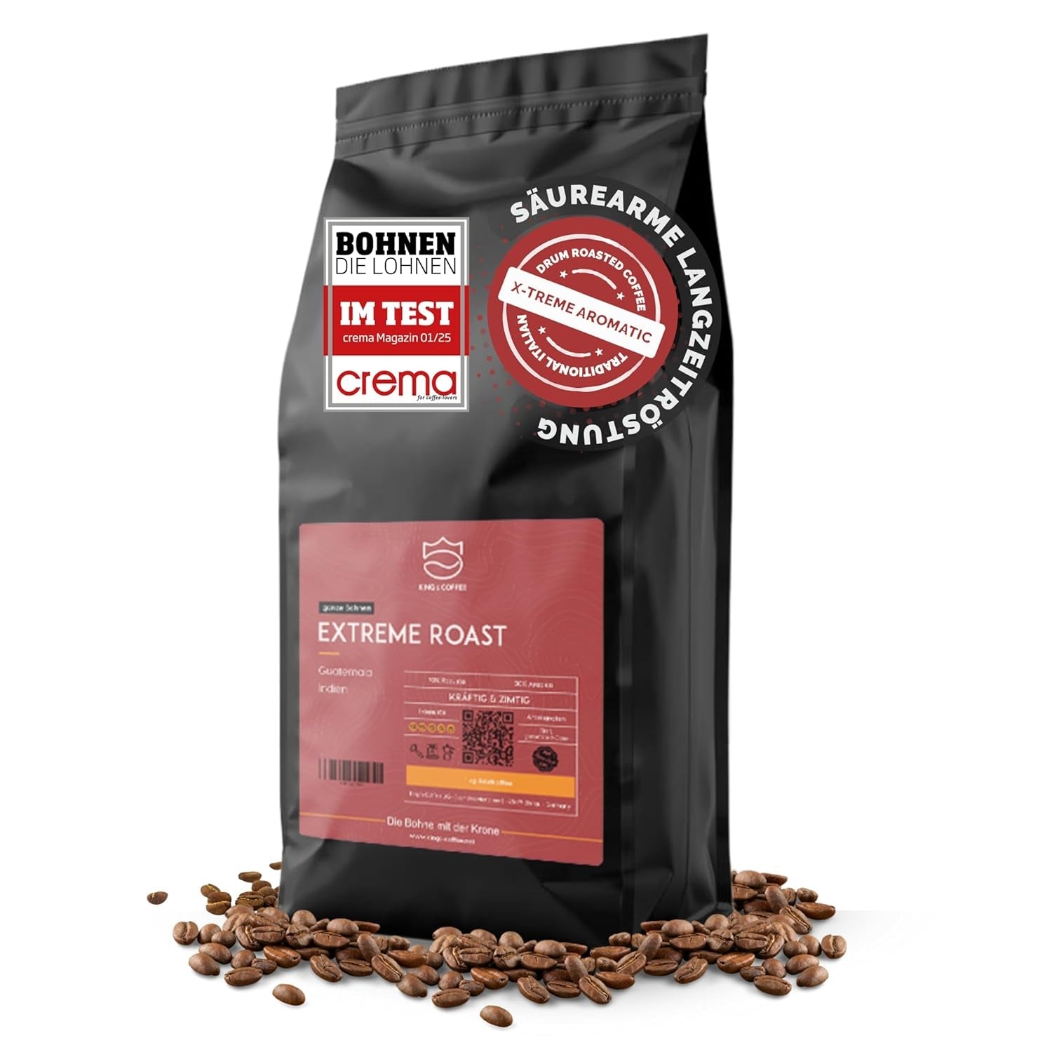KING'S COFFEE - EXTREME ROAST - Ziarna Espresso Intenso - bardzo niska kwasowość - palenie małych partii z Włoch - kawa ziarnista do ekspresów w pełni automatycznych i ekspresów kolbowych - 1 kg