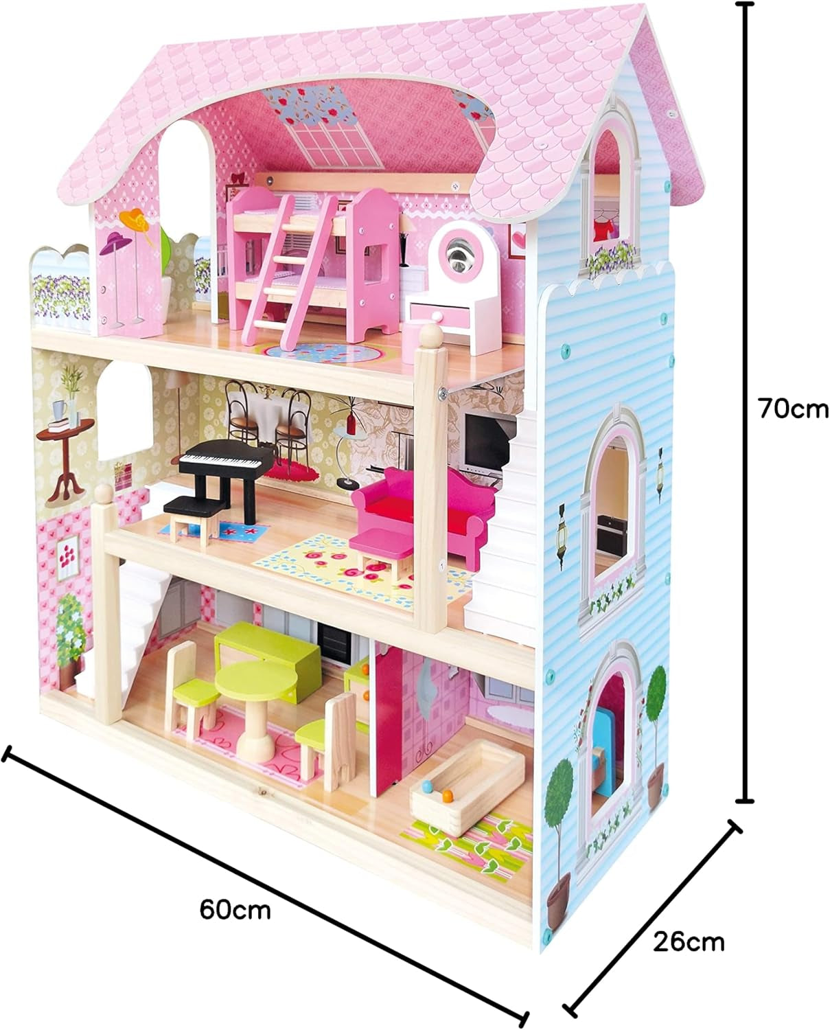 Bino World of Toys Domek dla lalek z balkonem, Zabawka dla małych dzieci od 3 lat, z 3 piętrami, schodami, 4 pokojami i balkonem w tym. 15-TLG. Akcesoria, Aby promować umiejętności dzieci, Różowe domki dla lalek Naty Shop